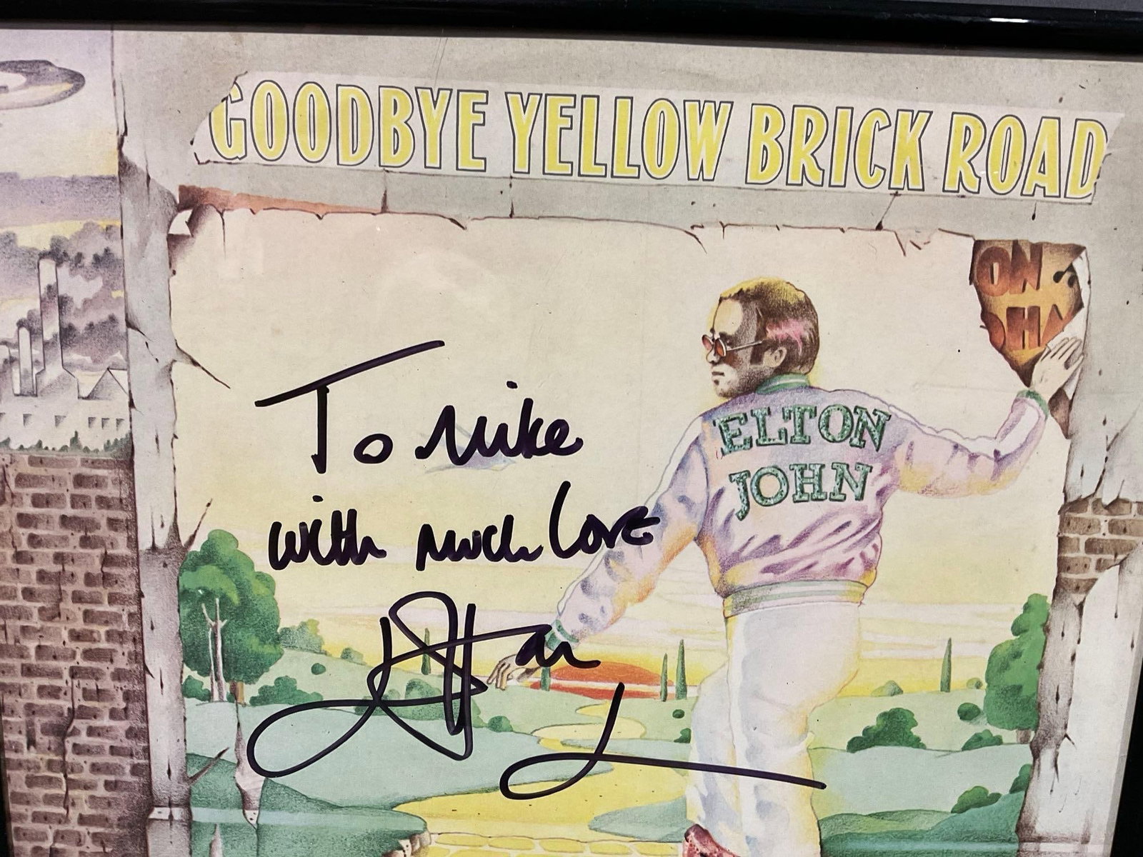 Framed Signed Elton John Goodbye Yellow Brick Road Album, 14h x 14w x 3d inches - 2