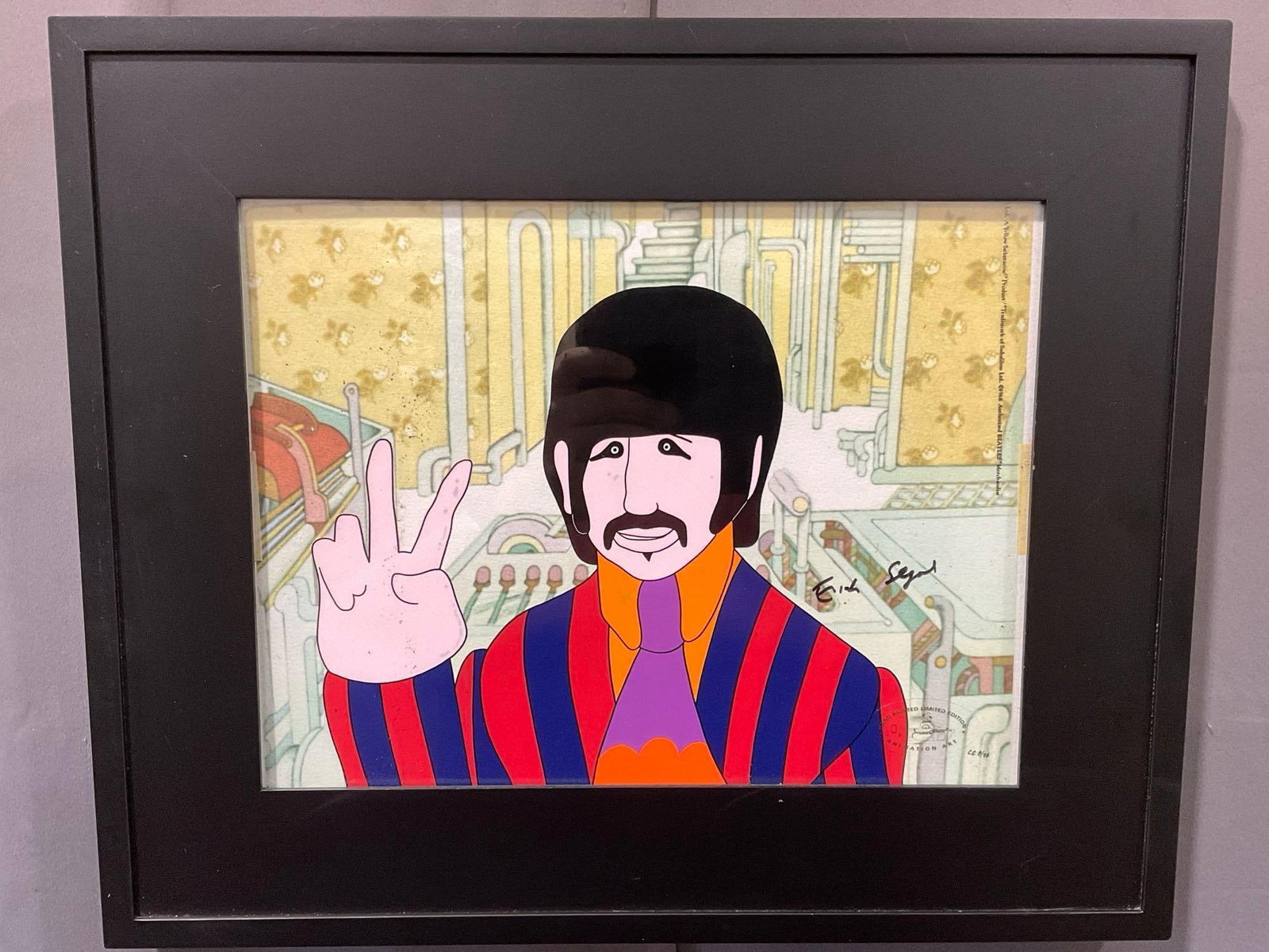 Framed LE Signed by Erich Segal & #d CC 9/75, Ringo Starr, A Yellow Submarine Animation Cel, 16x19: This from the collection of the late owner of a Collection Store. Looks like it is signed by Erich Segal, who wrote the screenplay. Appears to be in good shape. The piece measures approx