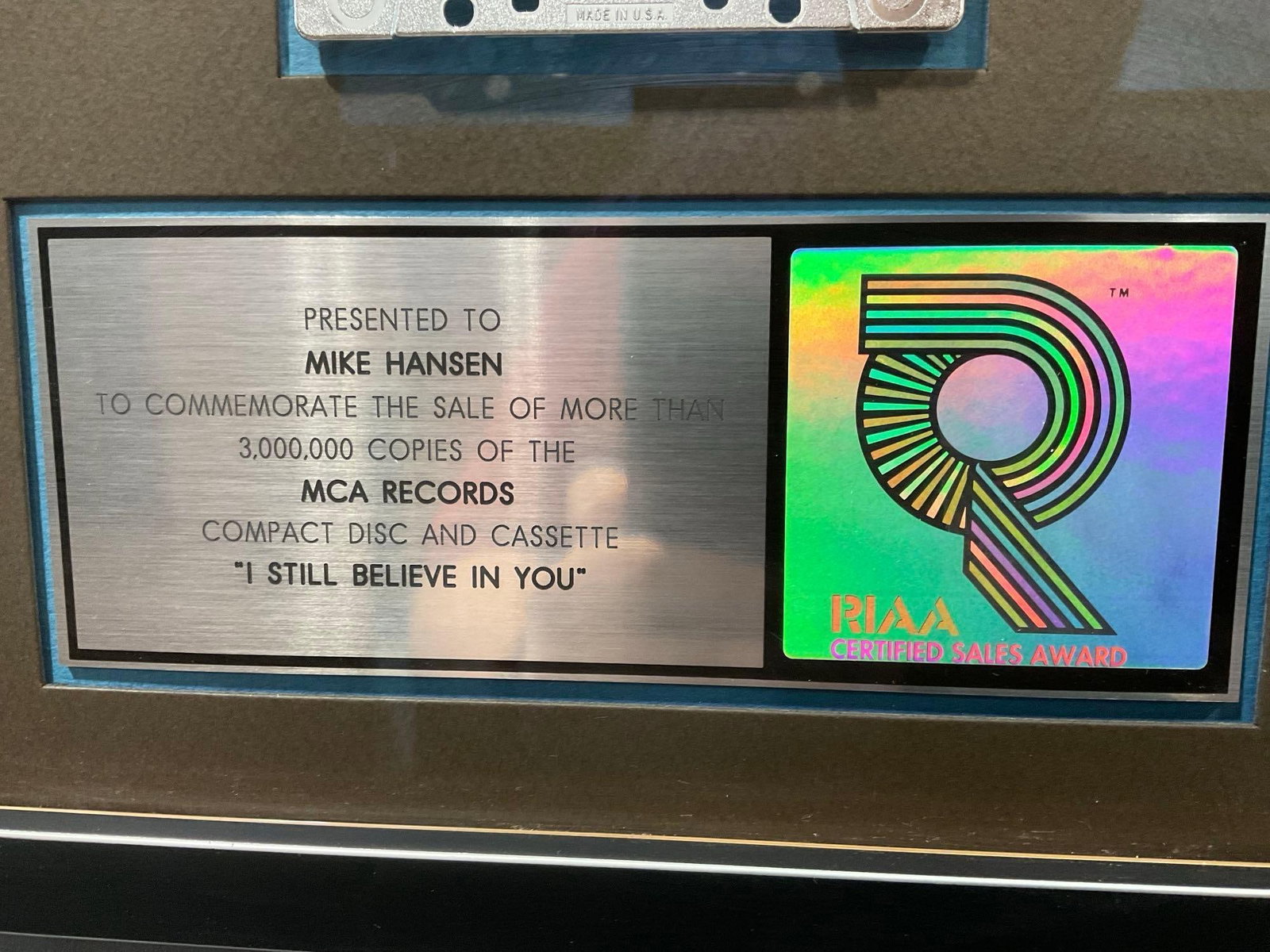 Framed Shadowbox, Vince Gill RIAA I Still Believe In You, MCA Records Multi-Platinum Sales Award - 3