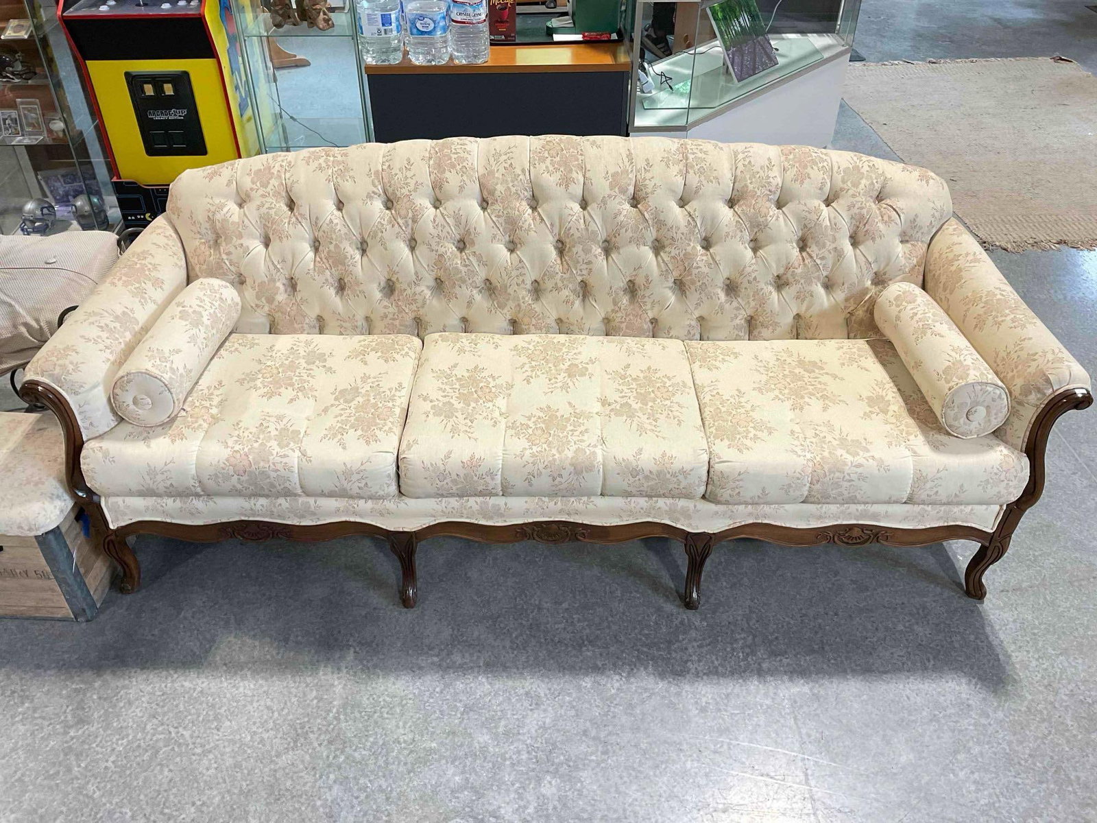Vintage French Provincial Style Tufted Three Seat Sofa Couch w/ Ivory Floral Upholstery. See pics. (1 of 5)