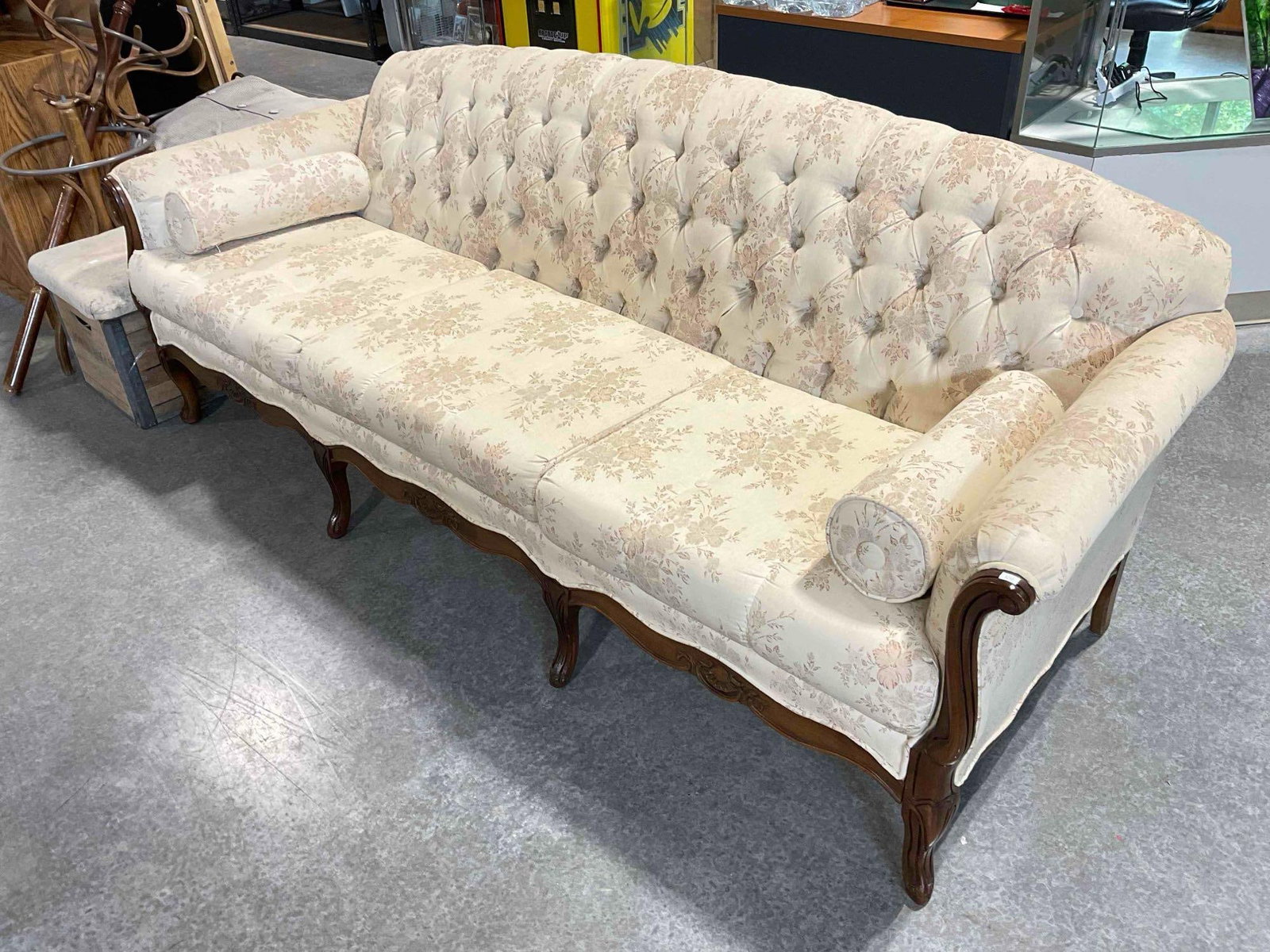 Vintage French Provincial Style Tufted Three Seat Sofa Couch w/ Ivory Floral Upholstery. See pics. - 2