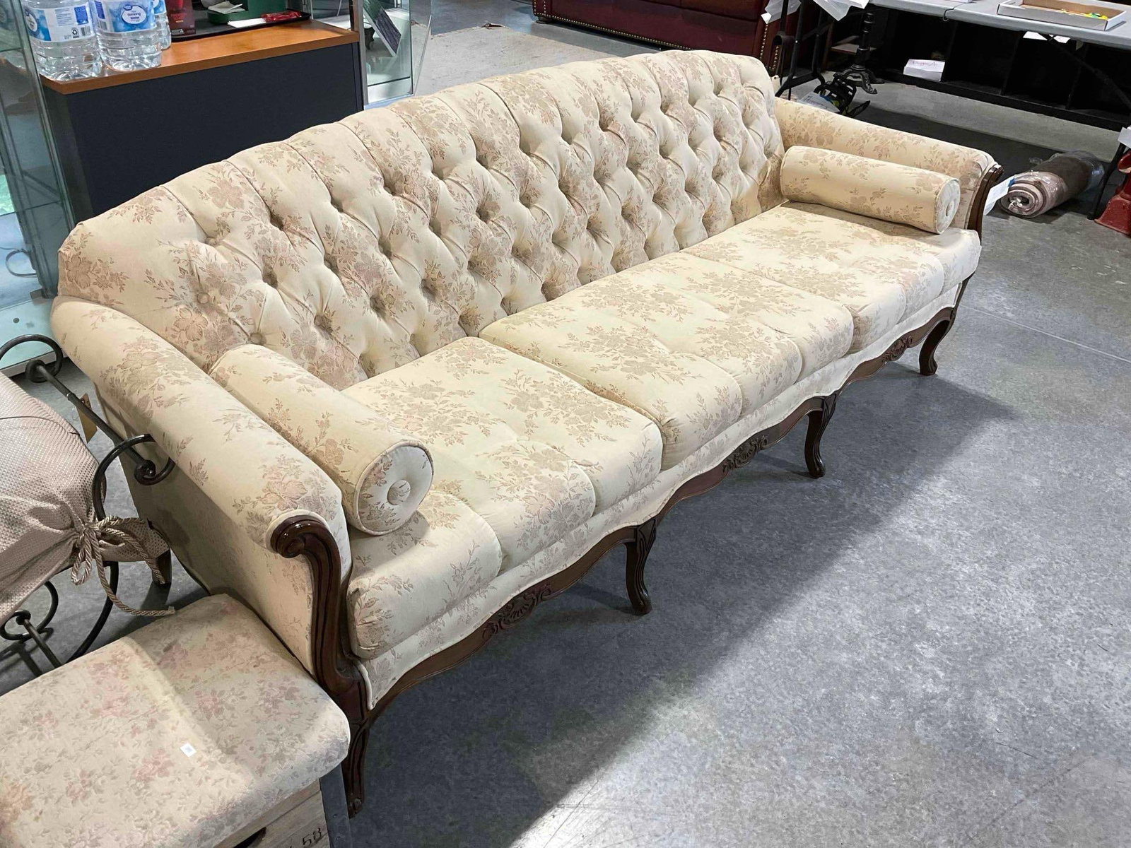 Vintage French Provincial Style Tufted Three Seat Sofa Couch w/ Ivory Floral Upholstery. See pics. - 3