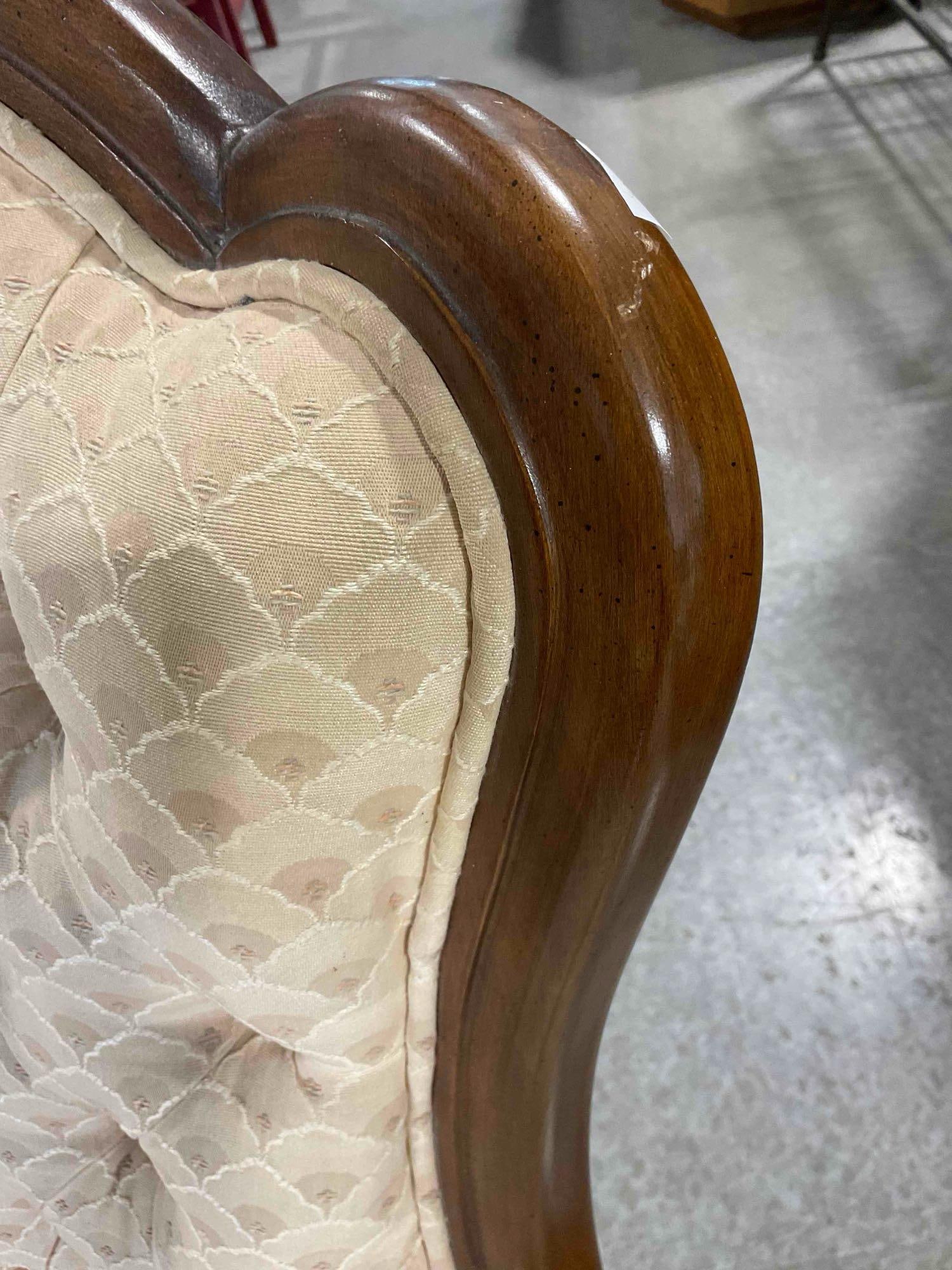 Vintage French Provincial Style Tufted Wingback Armchair w/ Pale Peach Scalloped Upholstery. - 6