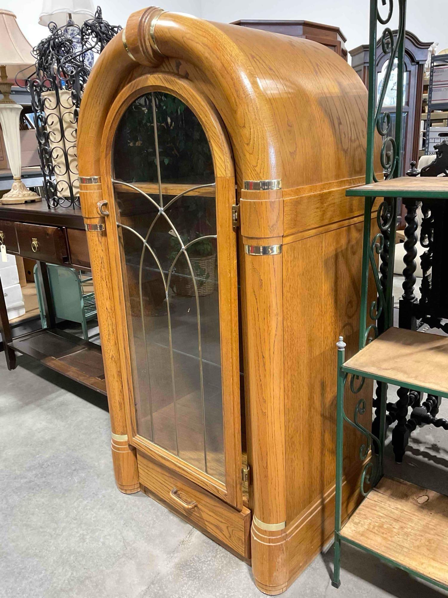 Vintage Jukebox Style Oak Wood Cabinet w/ Pull Out Shelf, 2x Glass Shelves & Drawer. See pics. - 3
