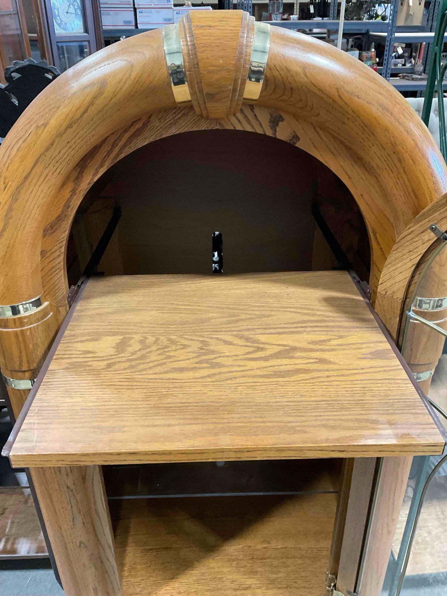 Vintage Jukebox Style Oak Wood Cabinet w/ Pull Out Shelf, 2x Glass Shelves & Drawer. See pics. - 4