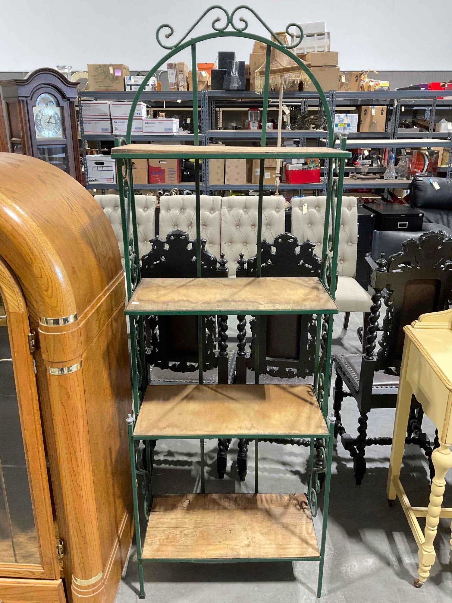 Vintage Green Painted Metal 4-Tier Baker's Rack w/ Wood Shelves. Fair Condition. See pics.: Vintage Green Painted Metal 4-Tier Baker's Rack w/ Wood Shelves. Fair Condition. Wood is water stained and tired, missing a foot pad so it tends to wobble, piece has wear indicative of age and use,