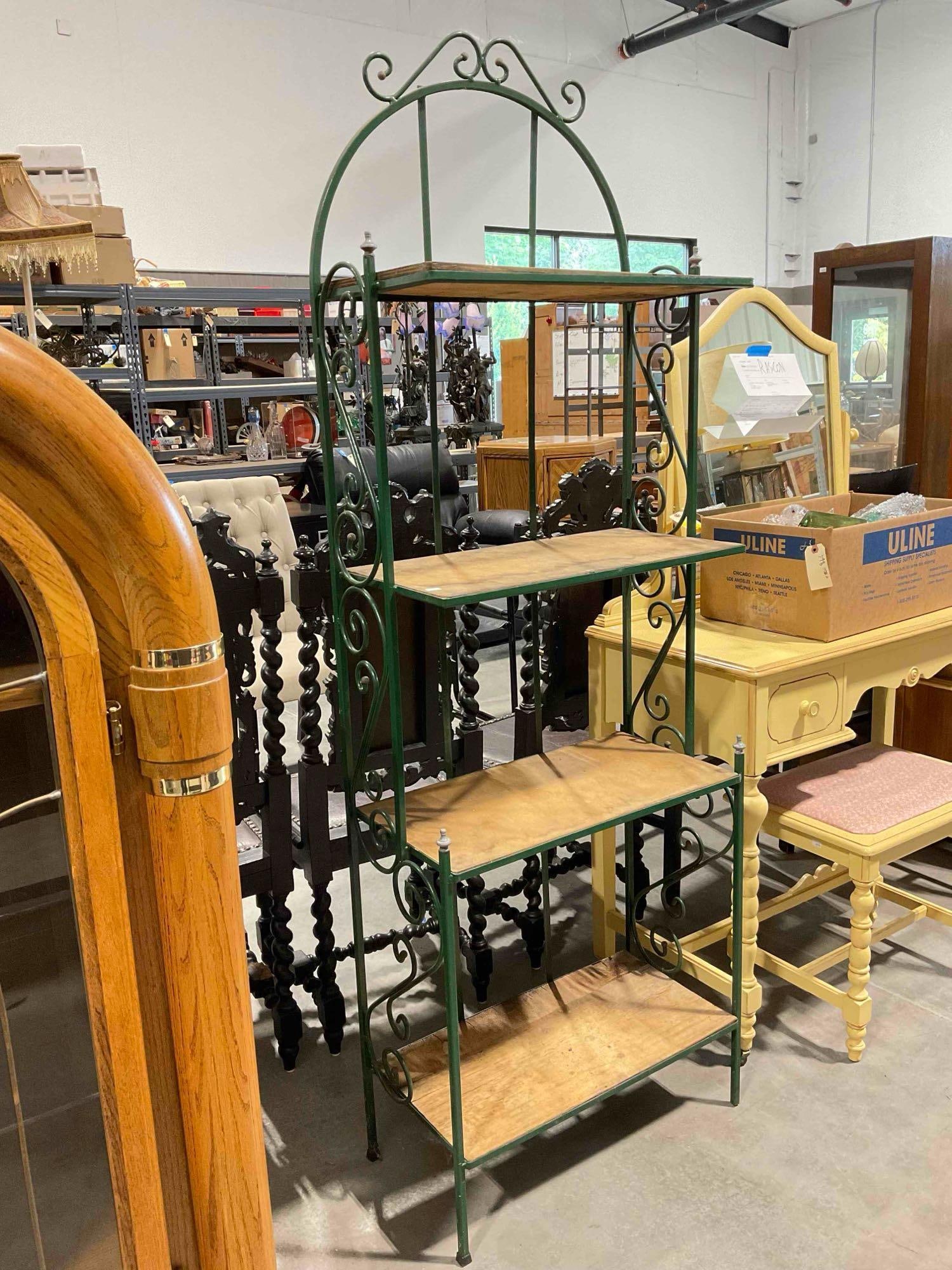 Vintage Green Painted Metal 4-Tier Baker's Rack w/ Wood Shelves. Fair Condition. See pics. - 3