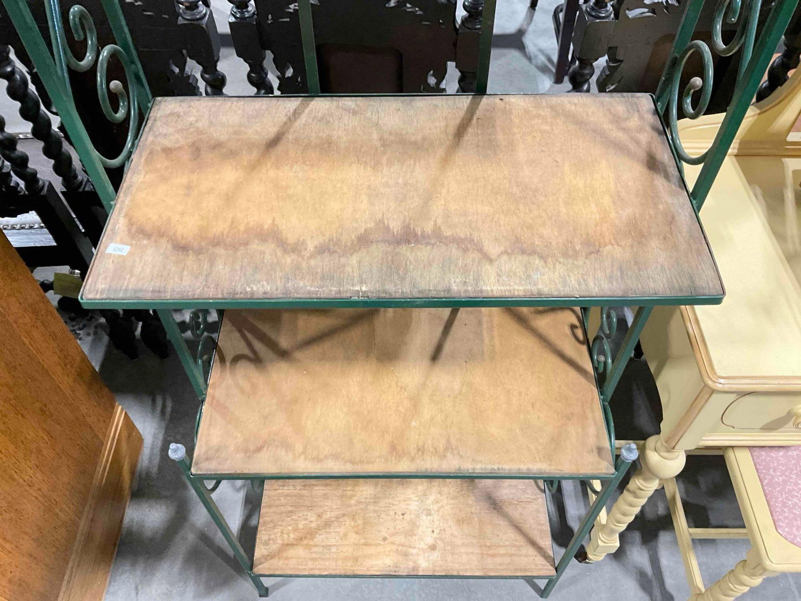 Vintage Green Painted Metal 4-Tier Baker's Rack w/ Wood Shelves. Fair Condition. See pics. - 5