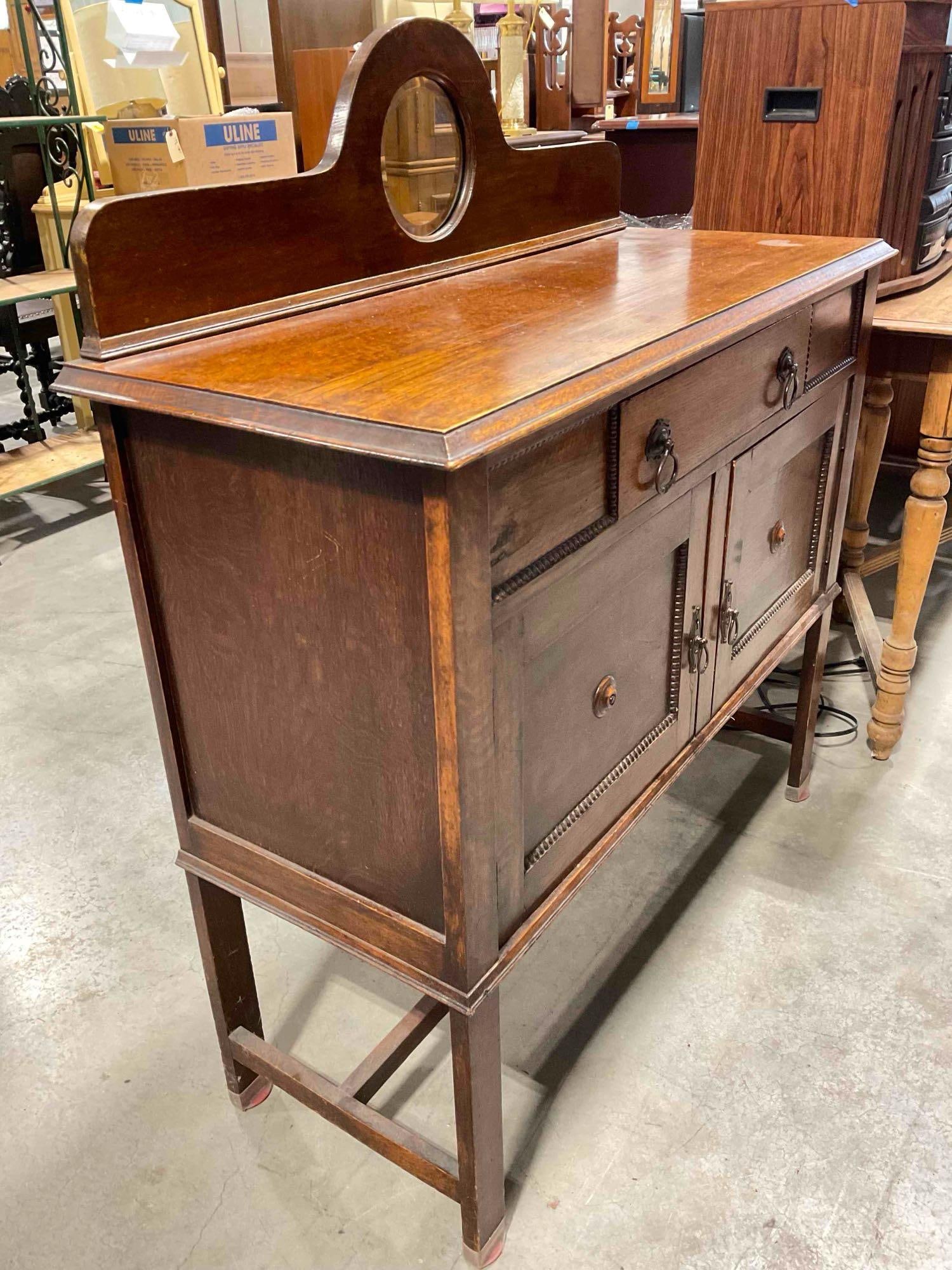 Antique Oak Wood Buffet Sideboard w/ Mirrored Backsplash, Drawer & 2x Cabinets. See pics. - 2