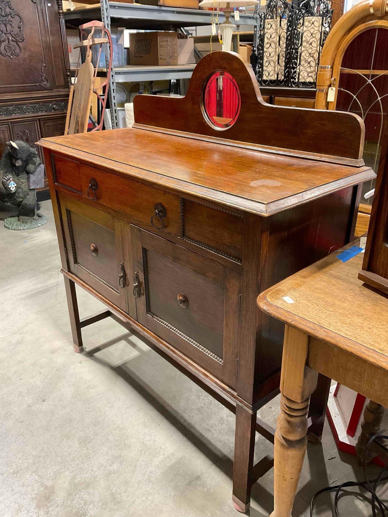 Antique Oak Wood Buffet Sideboard w/ Mirrored Backsplash, Drawer & 2x Cabinets. See pics. - 3
