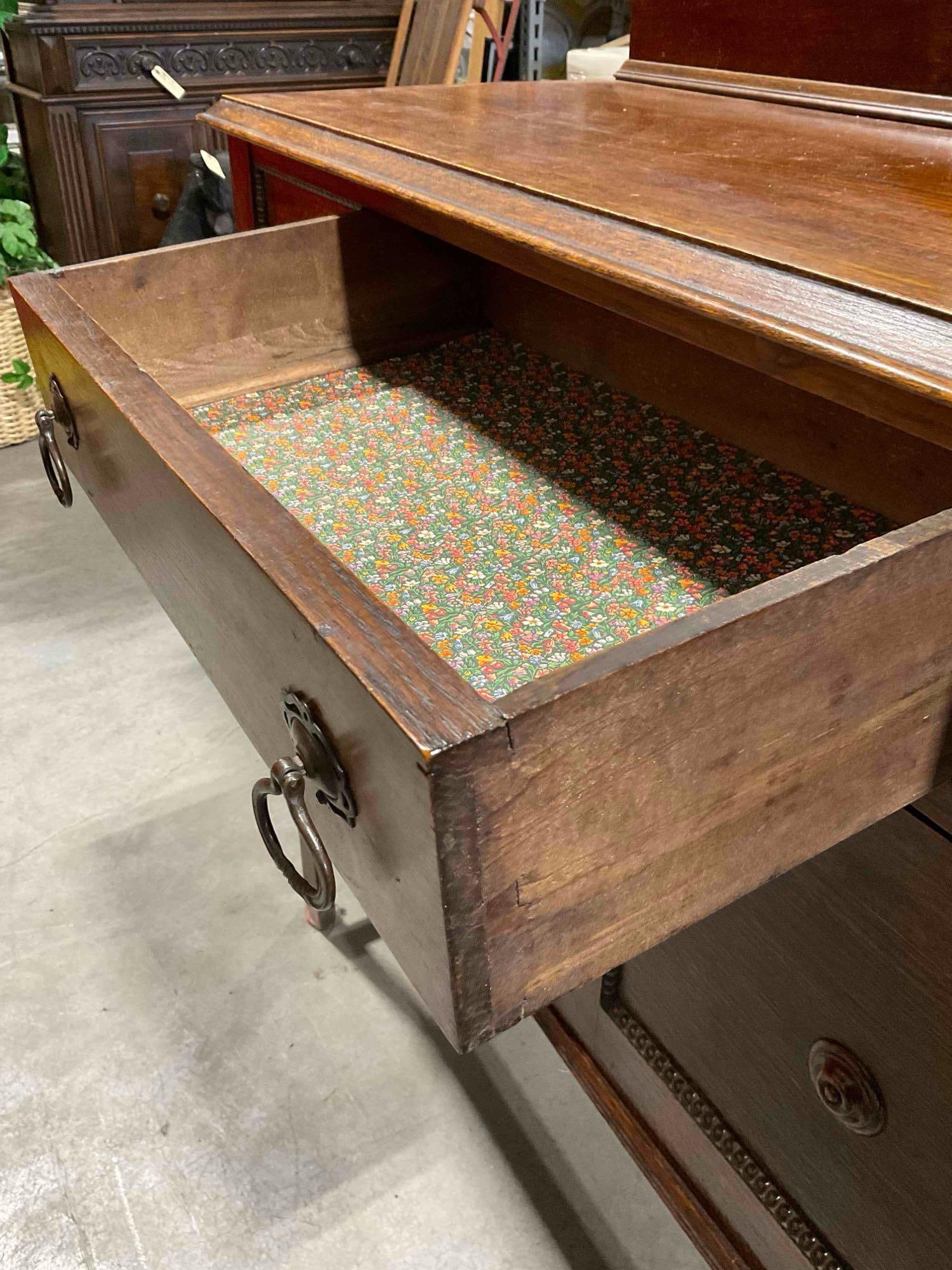 Antique Oak Wood Buffet Sideboard w/ Mirrored Backsplash, Drawer & 2x Cabinets. See pics. - 6