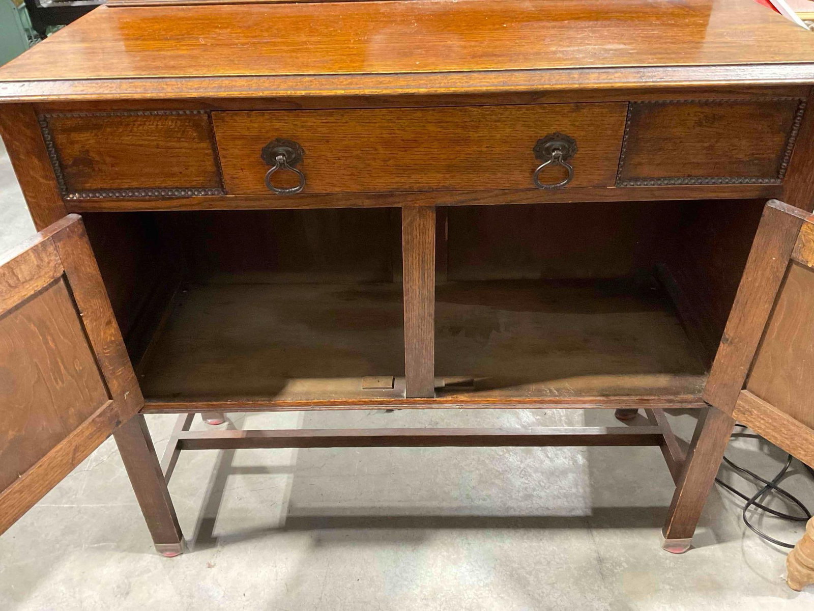 Antique Oak Wood Buffet Sideboard w/ Mirrored Backsplash, Drawer & 2x Cabinets. See pics. - 7