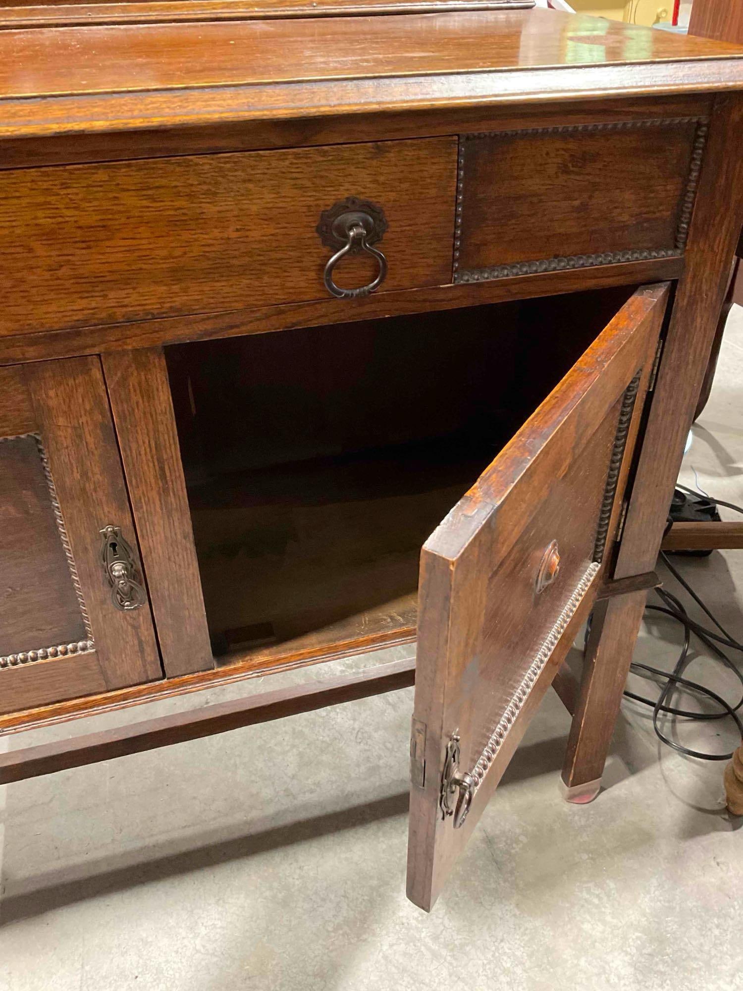 Antique Oak Wood Buffet Sideboard w/ Mirrored Backsplash, Drawer & 2x Cabinets. See pics. - 8