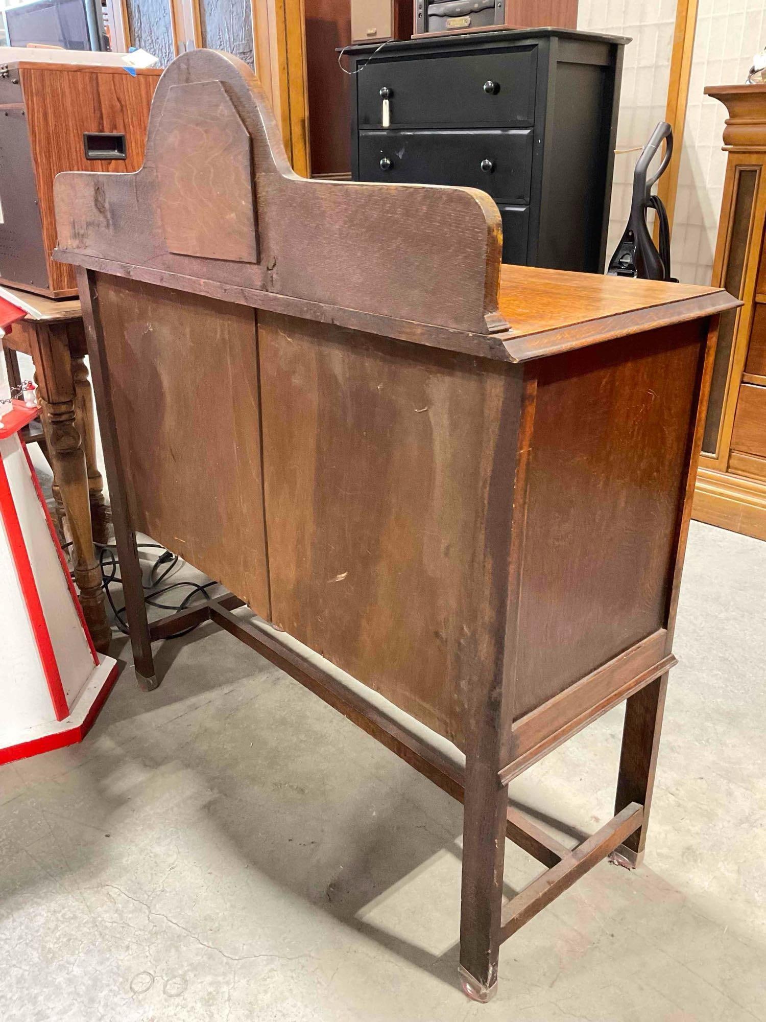Antique Oak Wood Buffet Sideboard w/ Mirrored Backsplash, Drawer & 2x Cabinets. See pics. - 9