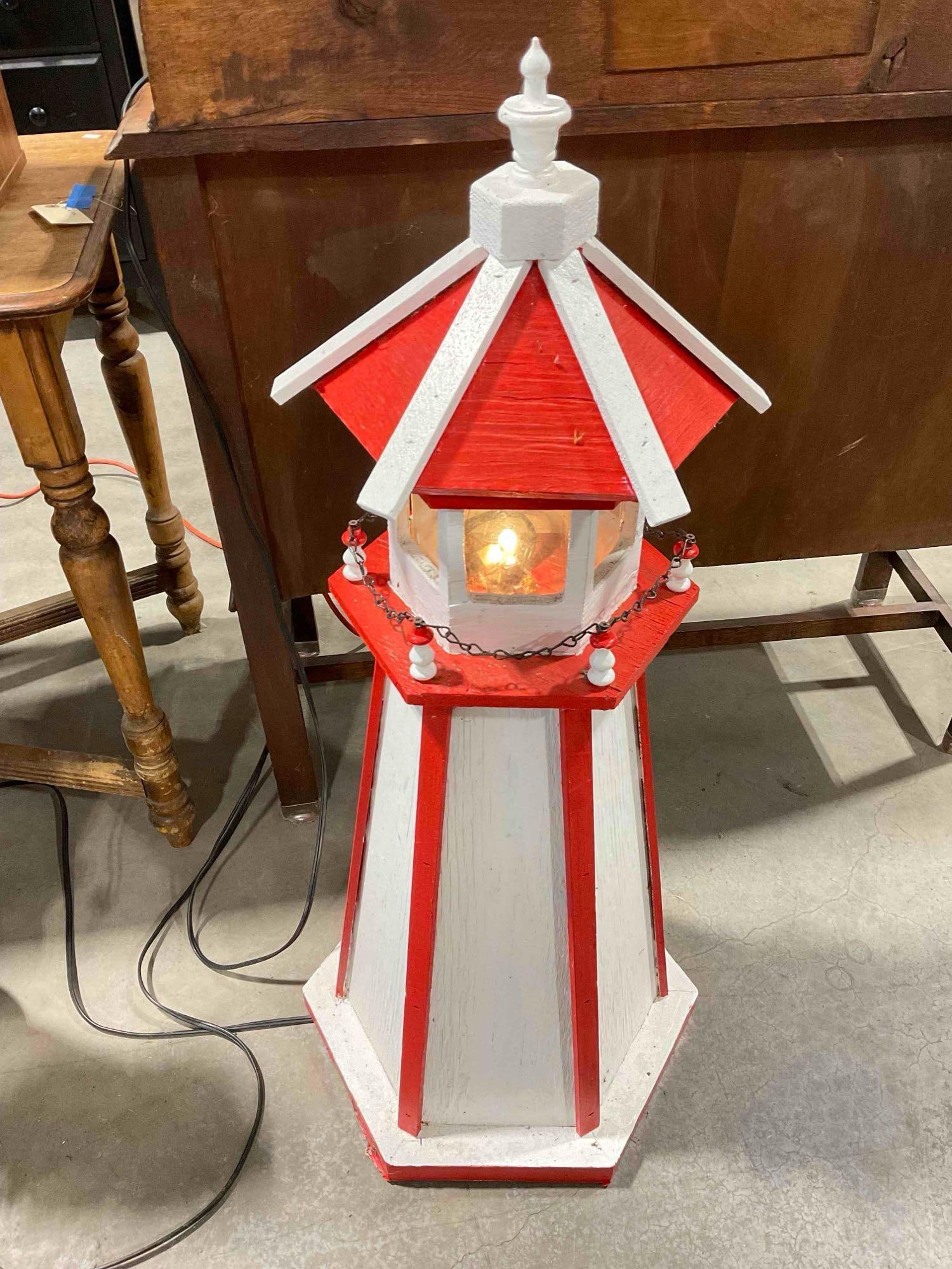 Custom Built Red & White Painted Wooden Lighted Lighthouse Yard Art w/ Timer. Tested, Works.: Custom Built Red & White Painted Wooden Lighted Lighthouse Yard Art w/ Timer. Tested, Works. Piece has wear indicative of age and use, one plexiglass panel has come loose, shows signs of being
