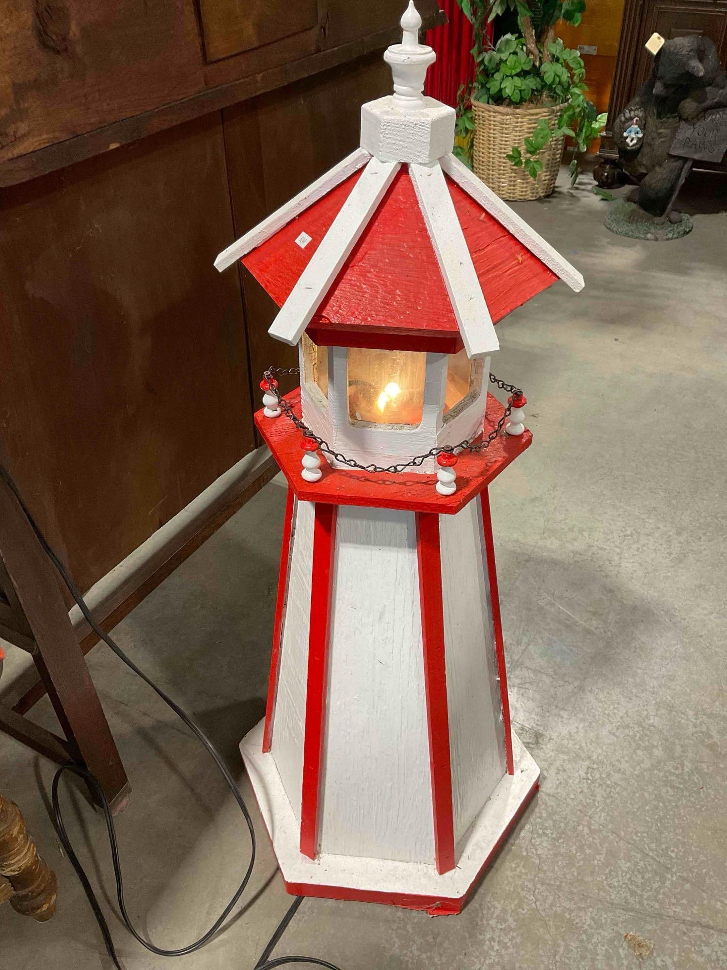 Custom Built Red & White Painted Wooden Lighted Lighthouse Yard Art w/ Timer. Tested, Works. - 2