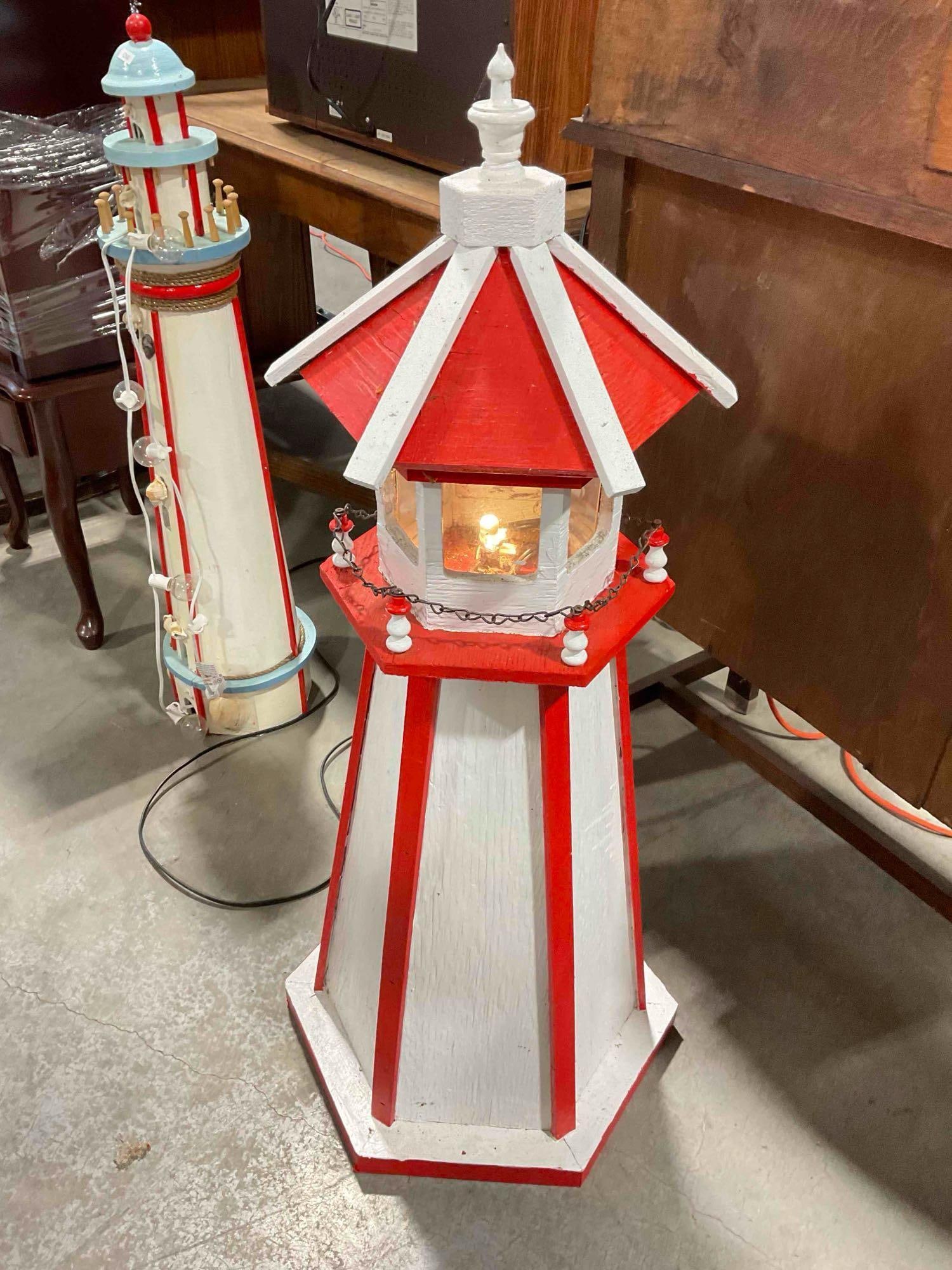 Custom Built Red & White Painted Wooden Lighted Lighthouse Yard Art w/ Timer. Tested, Works. - 3