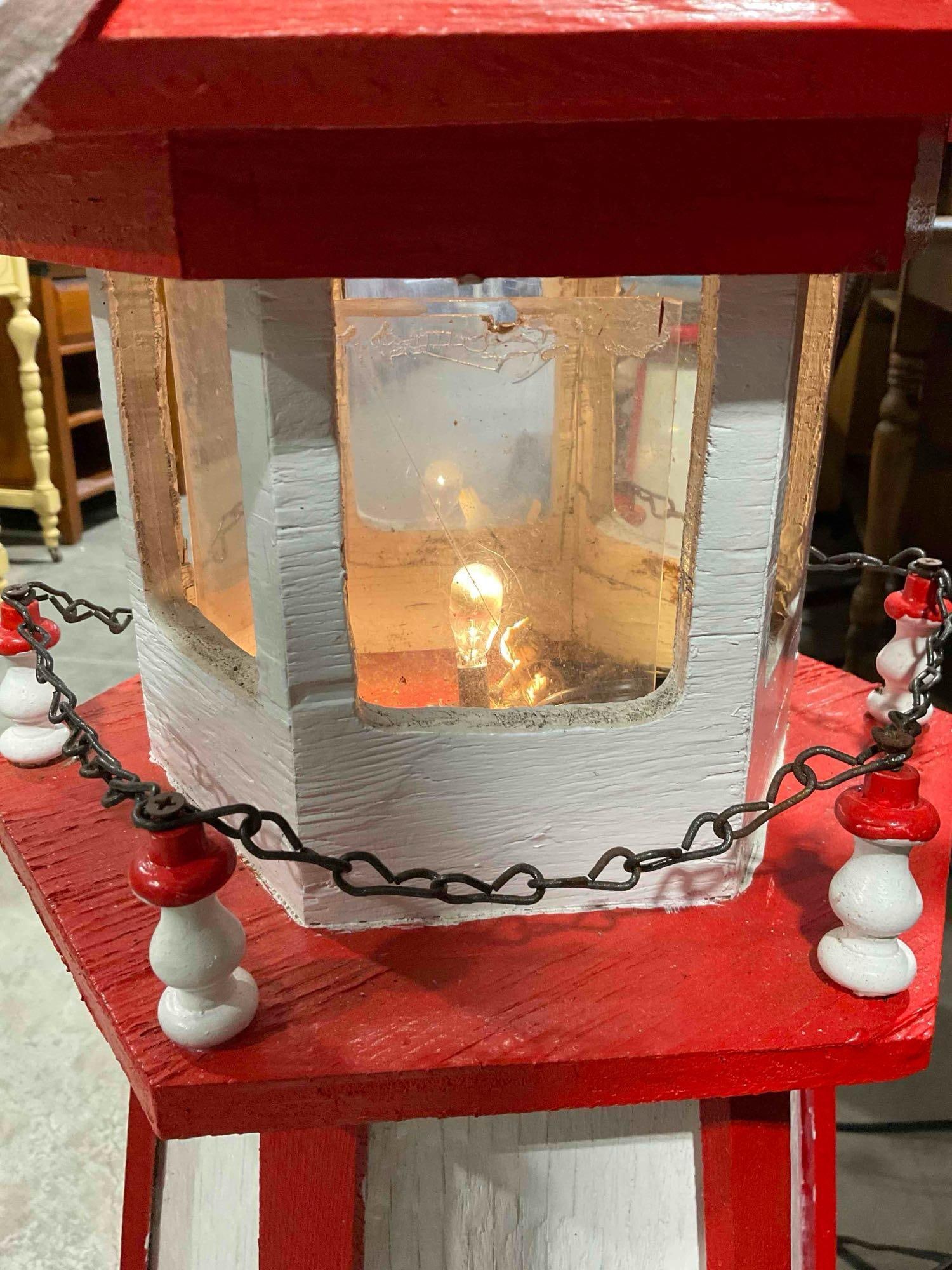 Custom Built Red & White Painted Wooden Lighted Lighthouse Yard Art w/ Timer. Tested, Works. - 4