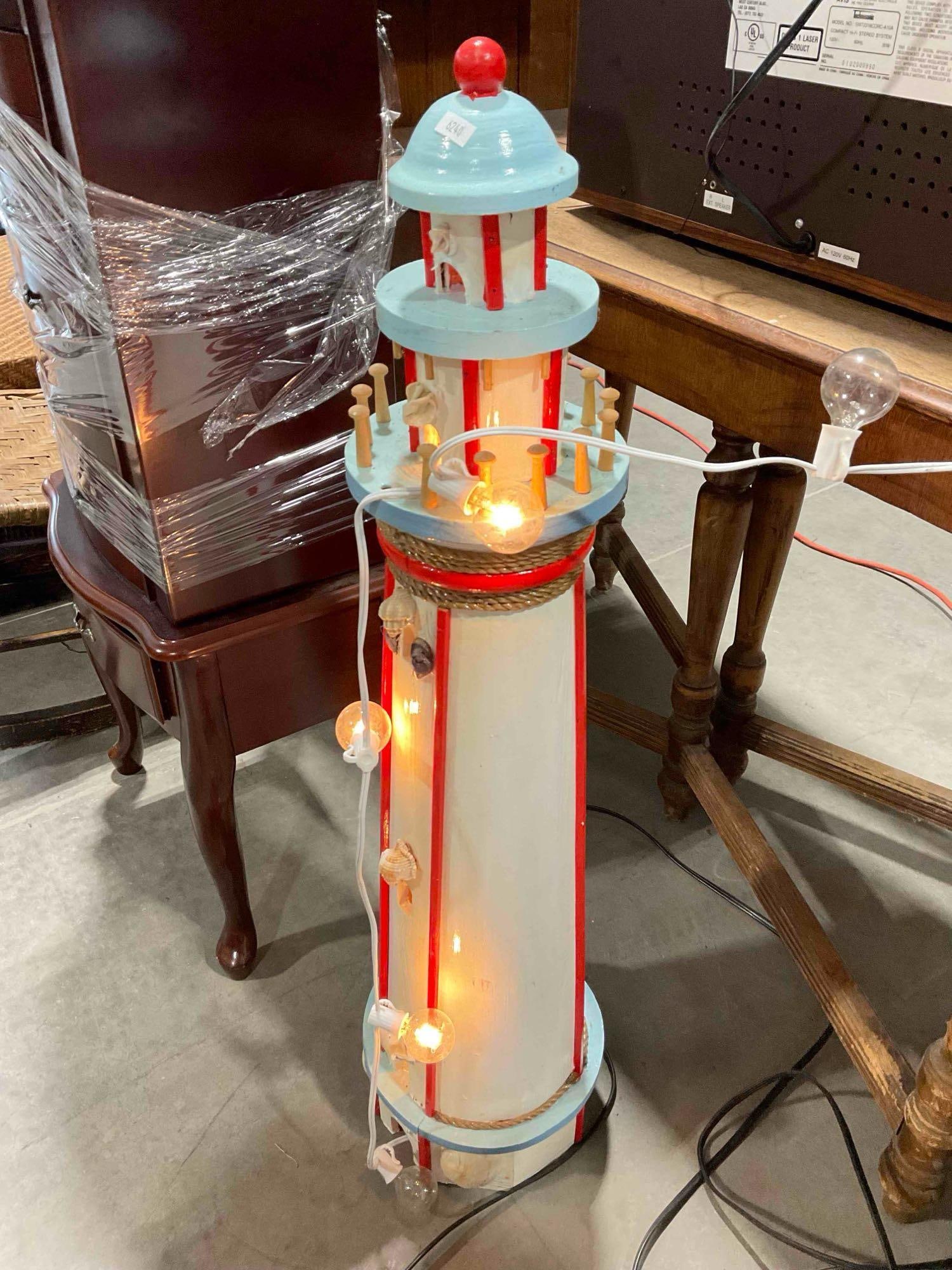Custom Built Blue/White/Red Painted Wooden Lighthouse Yard Art w/ String of Lights. See pics. - 3