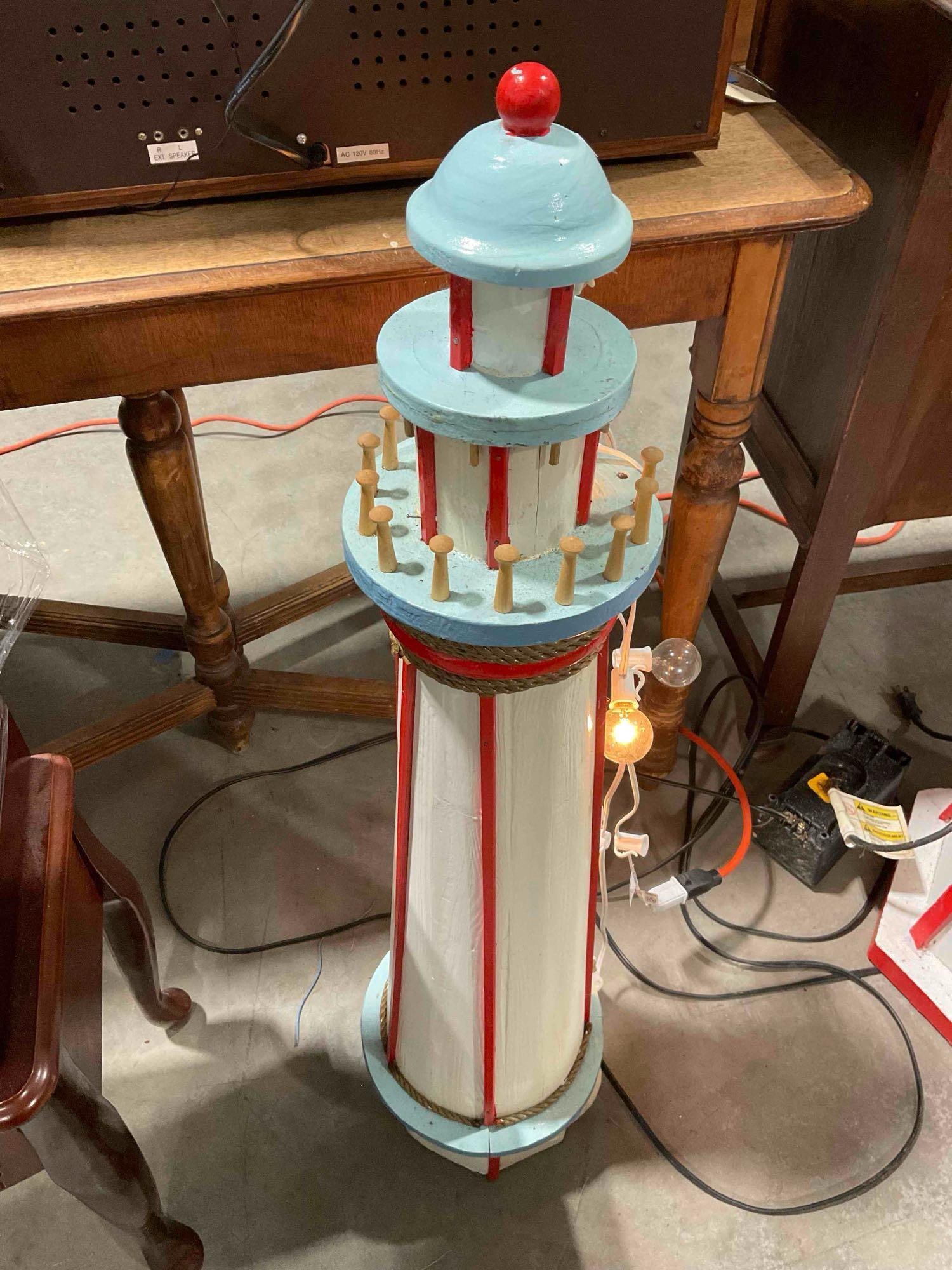 Custom Built Blue/White/Red Painted Wooden Lighthouse Yard Art w/ String of Lights. See pics. - 4