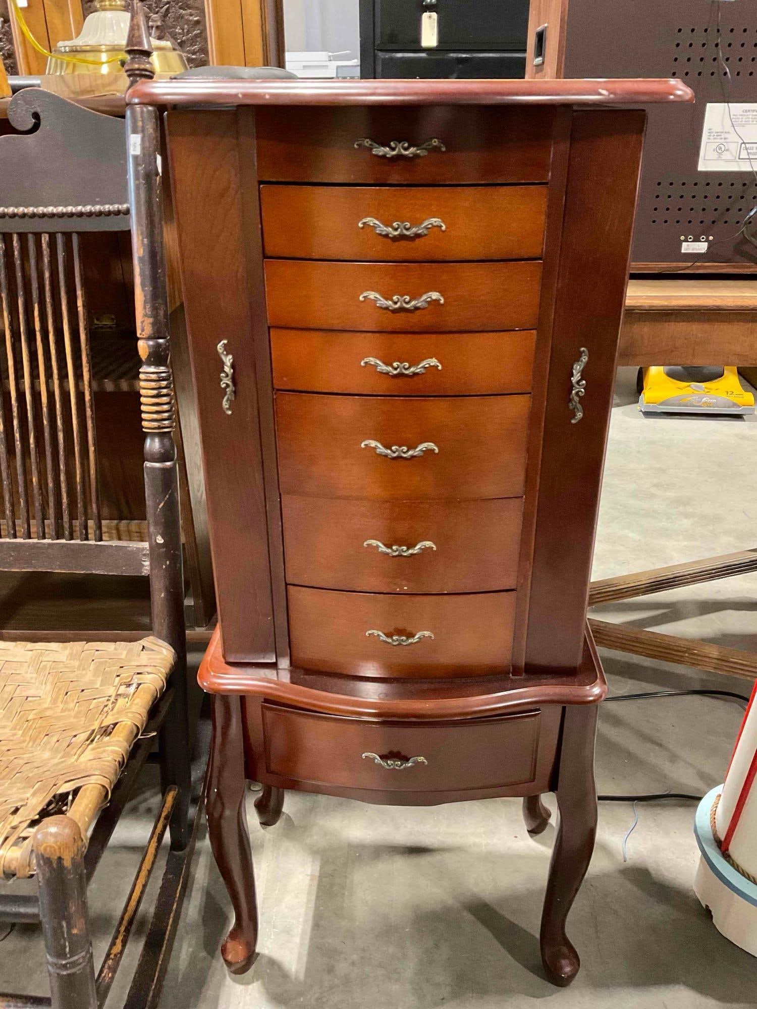 Cherry Wood Finish Jewelry Cabinet w/ Flip Top, 7x Drawers & 2x Side Cupboards. See pics. (1 of 6)