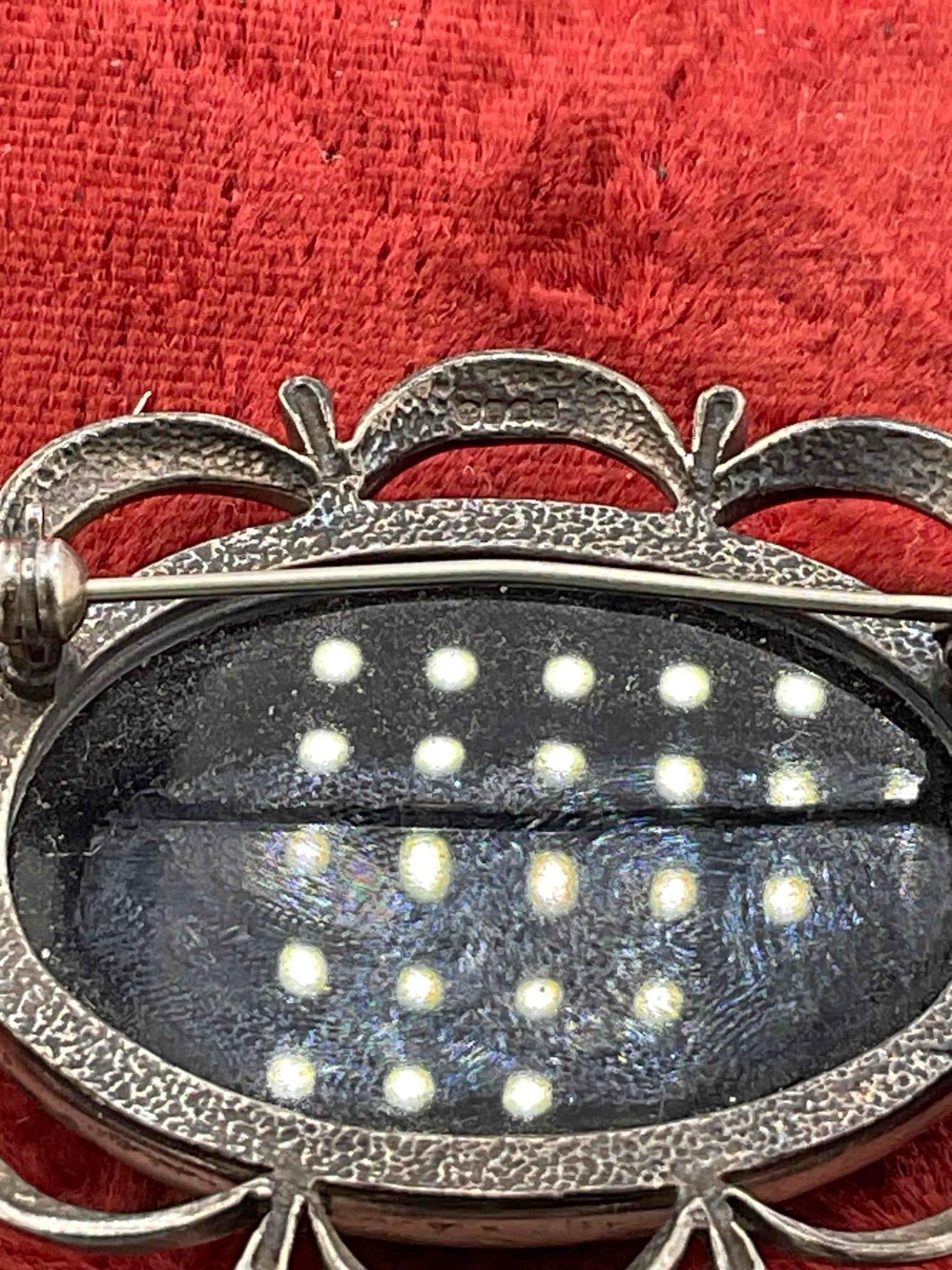 Vintage Edinburgh Sterling Silver Brooch w/ oval black cabochon stone - hallmarked see description - 5
