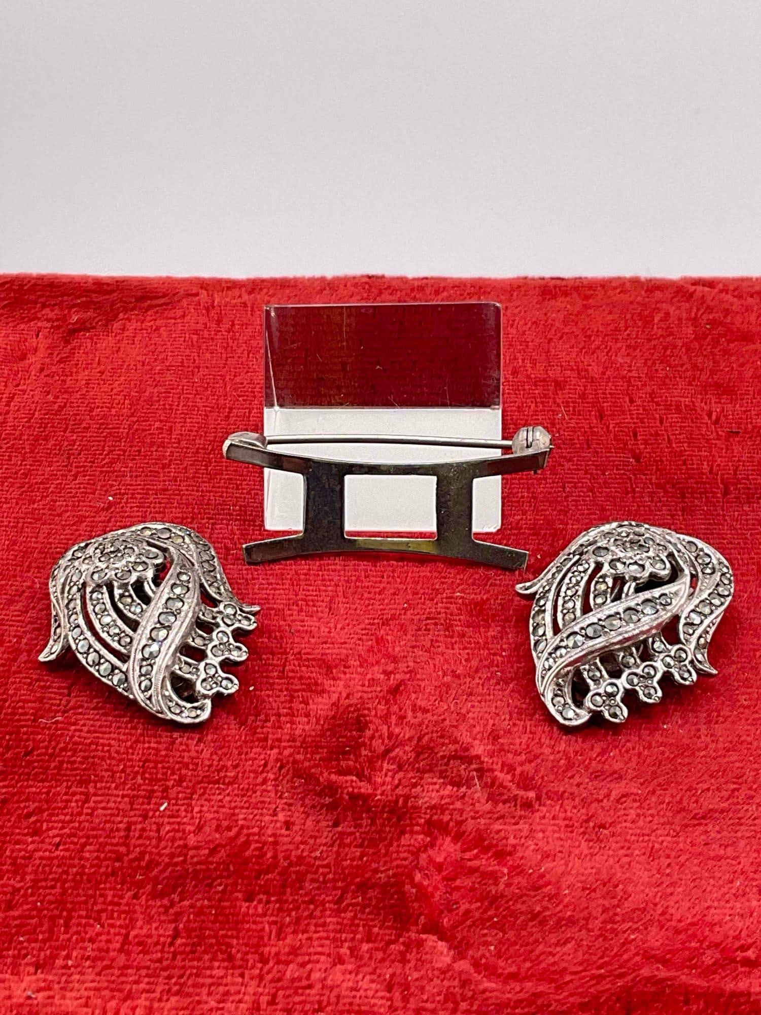 Vintage Art deco marcasite Sterling silver Scarf Clip combination Clip On earrings - 2