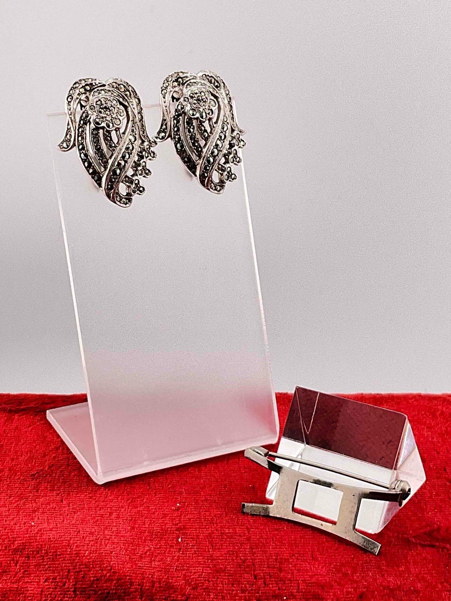 Vintage Art deco marcasite Sterling silver Scarf Clip combination Clip On earrings - 3