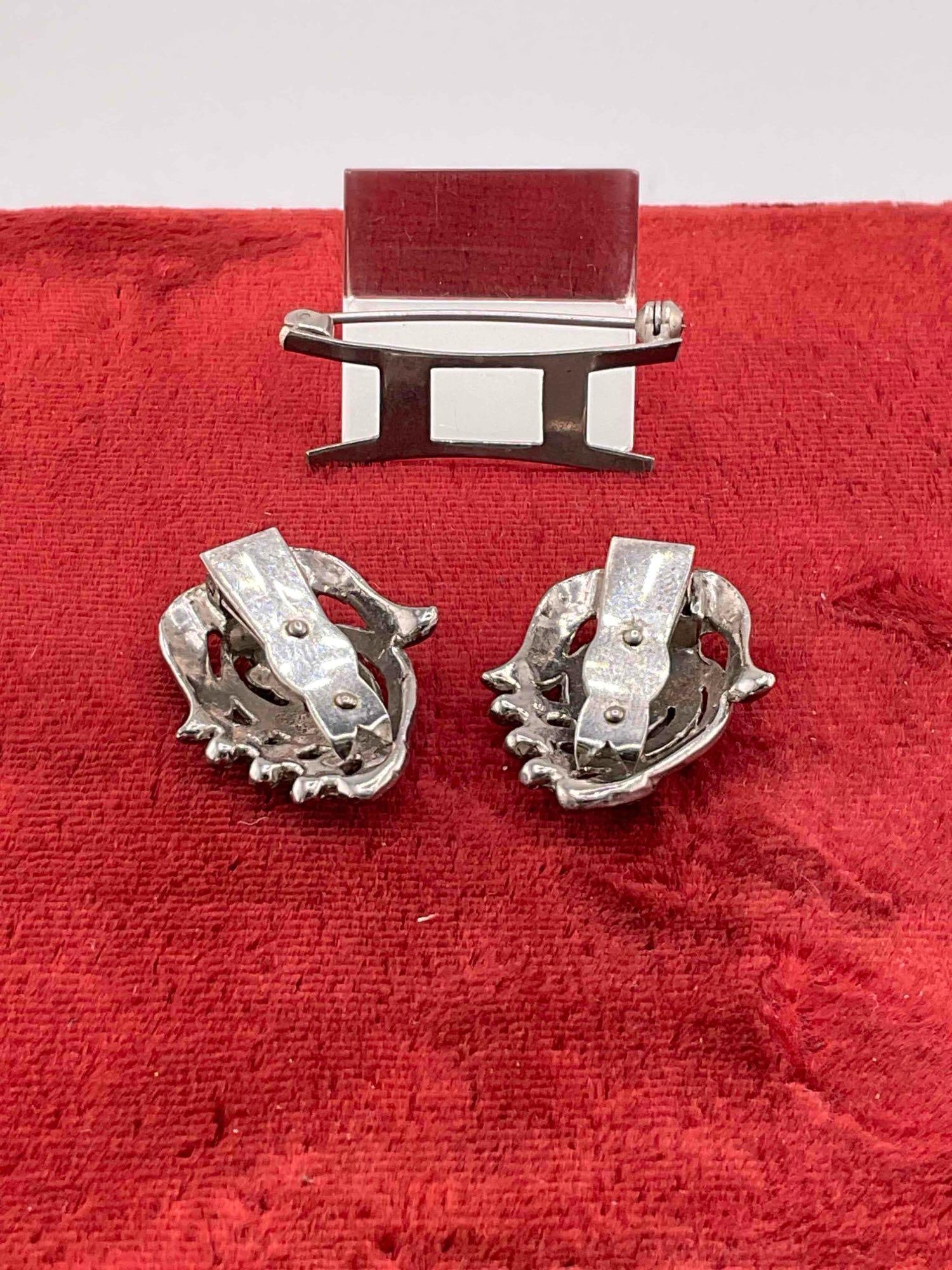 Vintage Art deco marcasite Sterling silver Scarf Clip combination Clip On earrings - 4
