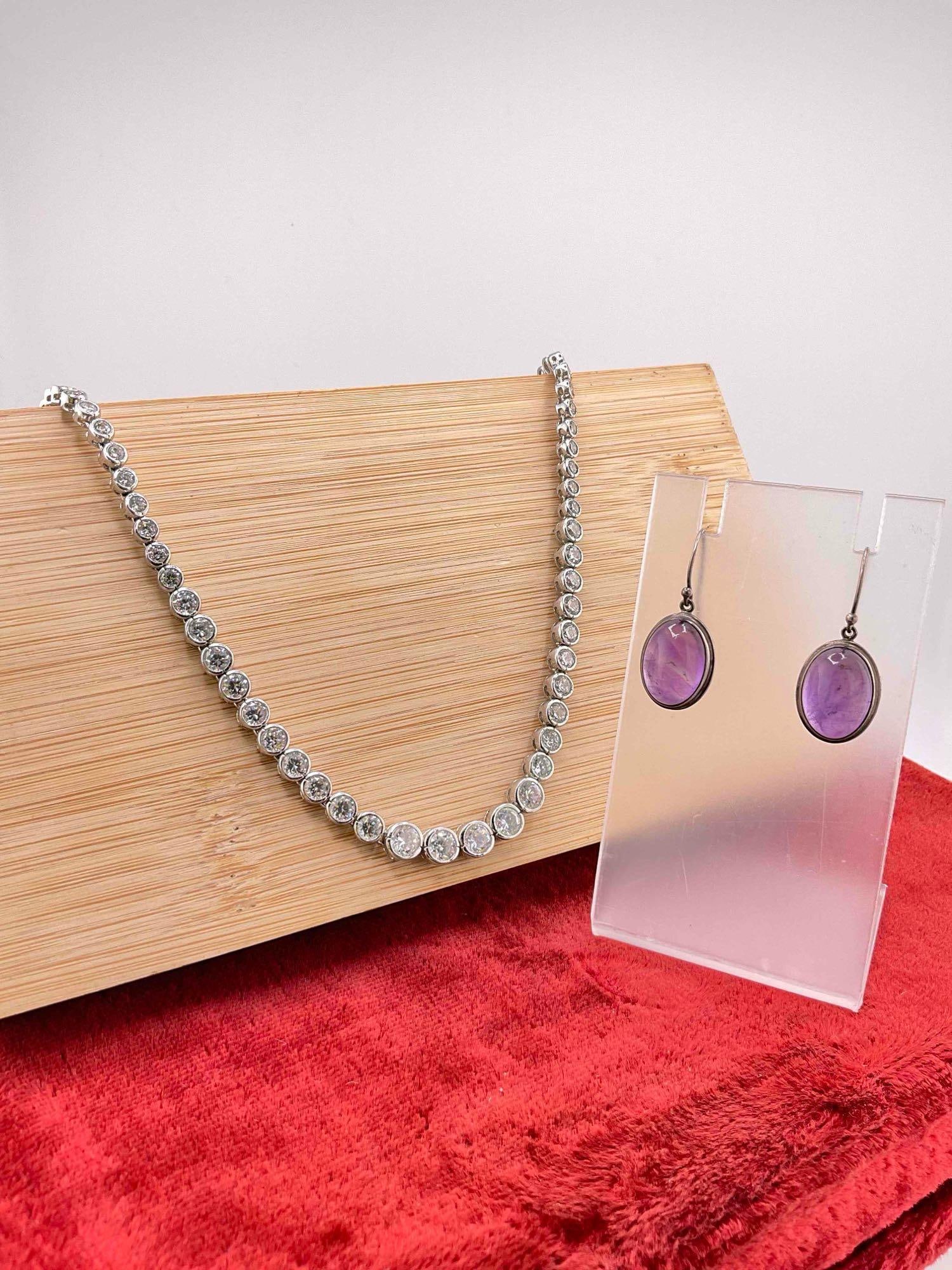 Sterling silver 16" Necklace w/ clear stones & pair of Sterling earrings w/ amethyst Cabochons - 2