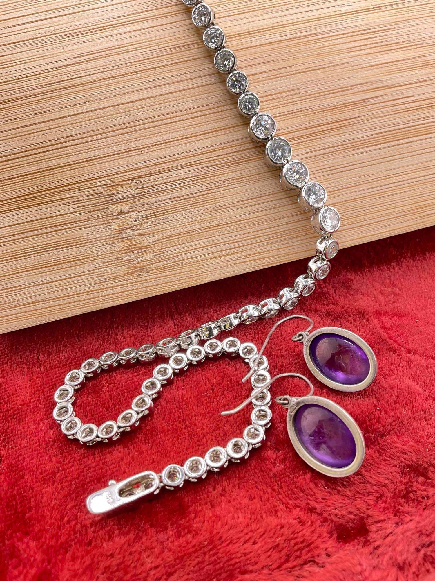 Sterling silver 16" Necklace w/ clear stones & pair of Sterling earrings w/ amethyst Cabochons - 3