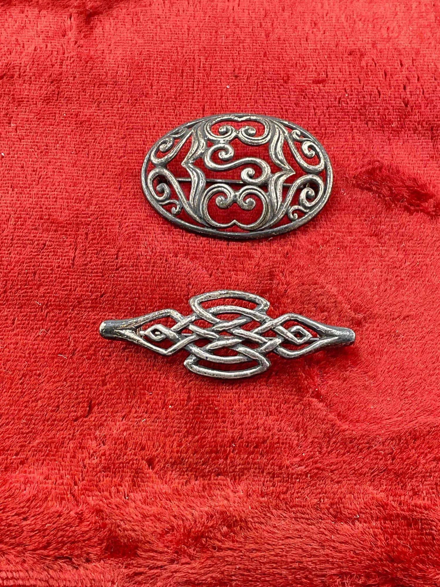 Pair of Vintage Victorian Style Sterling Silver Brooches, both marked. See pics: C-6110 weighs 14 grams.