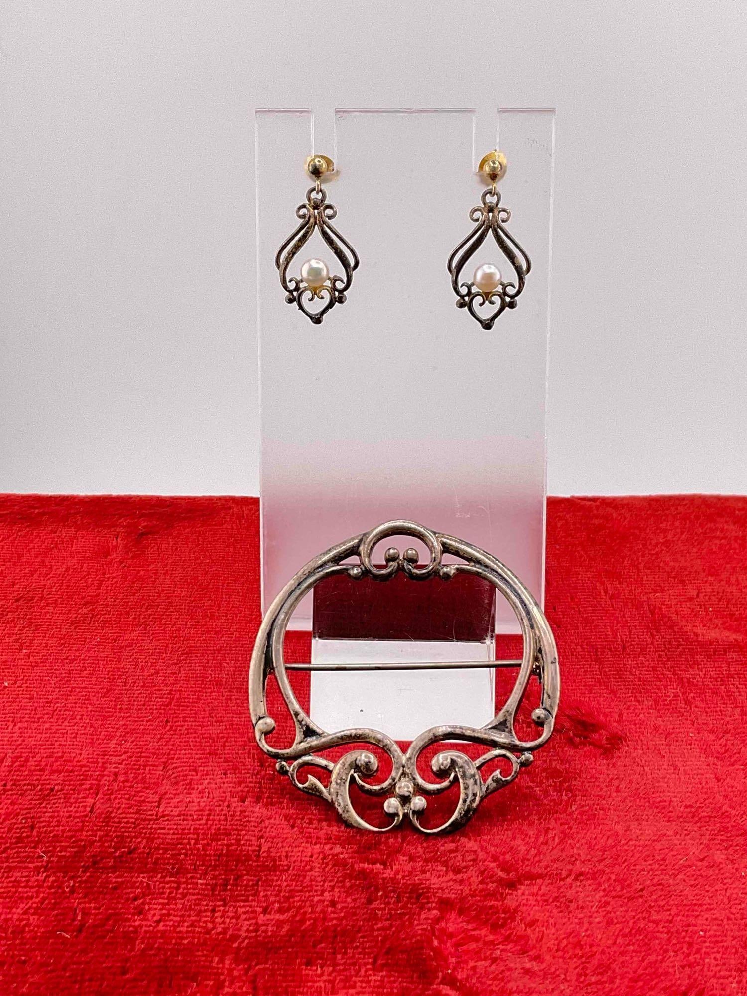 Vintage Sterling Silver Pin/Brooch & Vintage Sterling (Vermeil) Dangle earrings w/ pearls - 2