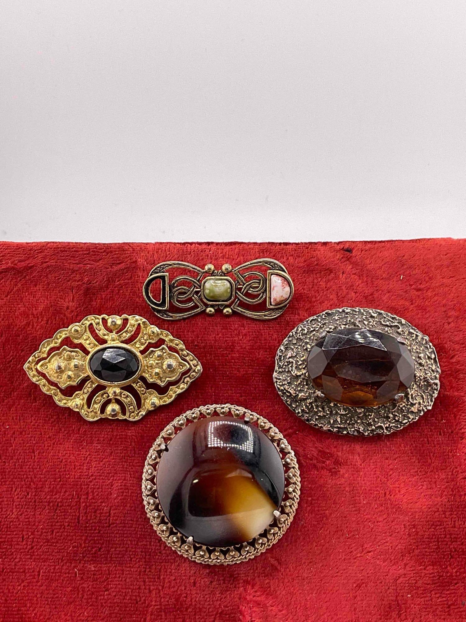 4 x Vintage gold and silver toned MC Brooches/ pins w/ various stones & polished cabochons - 2
