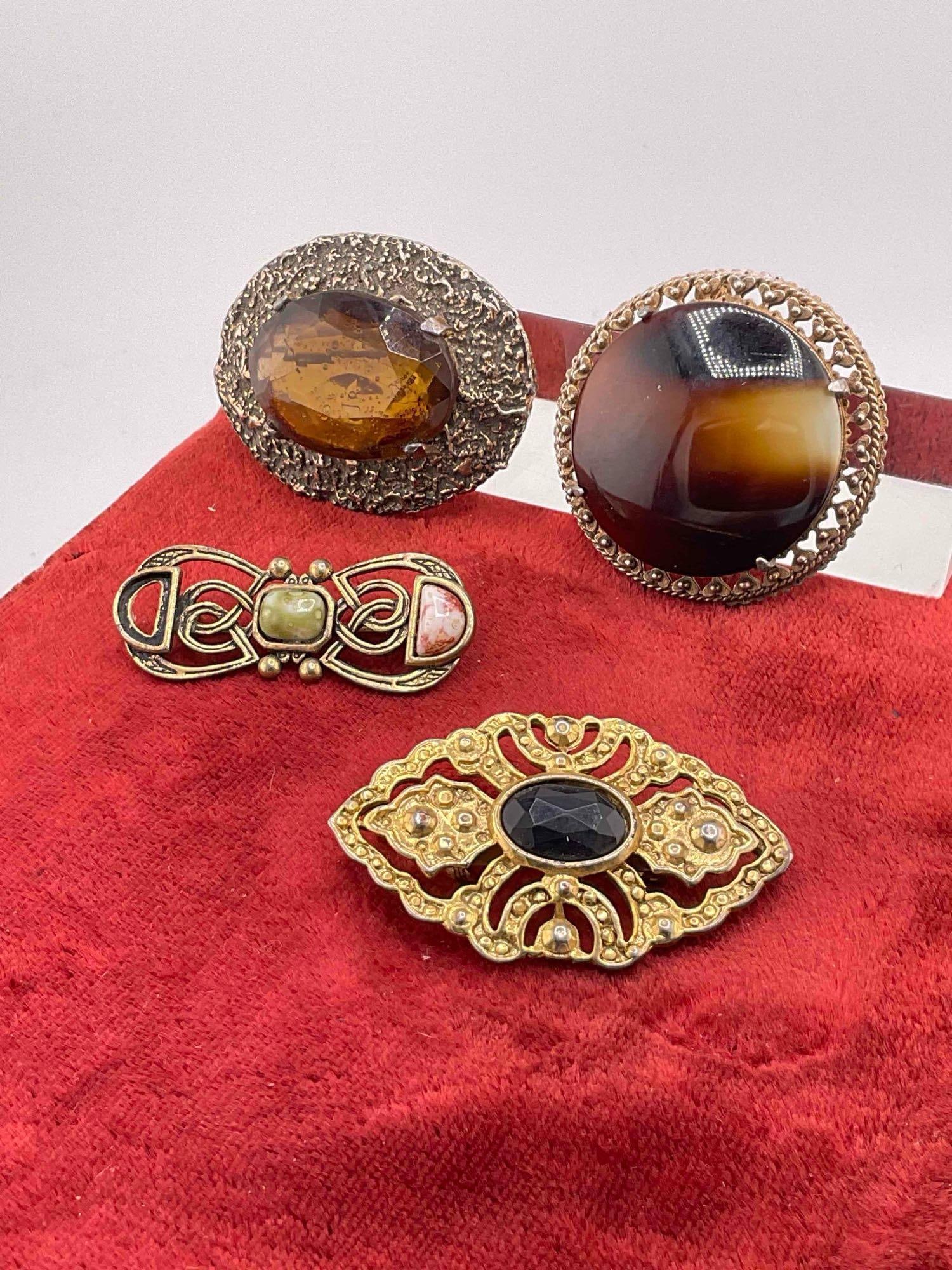4 x Vintage gold and silver toned MC Brooches/ pins w/ various stones & polished cabochons - 3