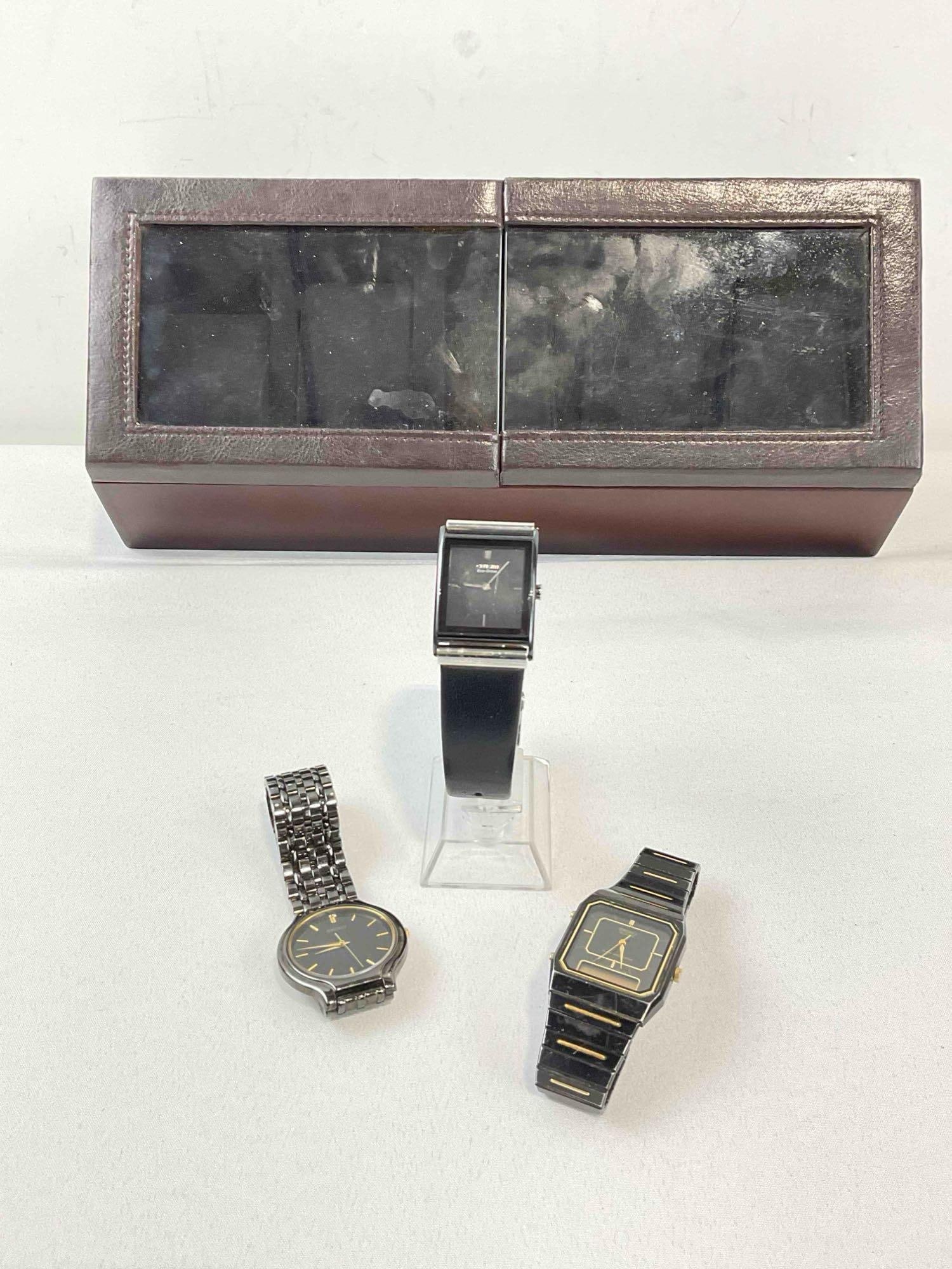 Handsome men's wooden watch case with Seiko Analog, Citizen Eco-Drive, Seiko V701-1K20: C- 6080 Seiko Analog H449--5339 Citizen Eco-Drive B023-S011868 All Need batteries sold as-is case is 12" x' x 4.5" x 4" 