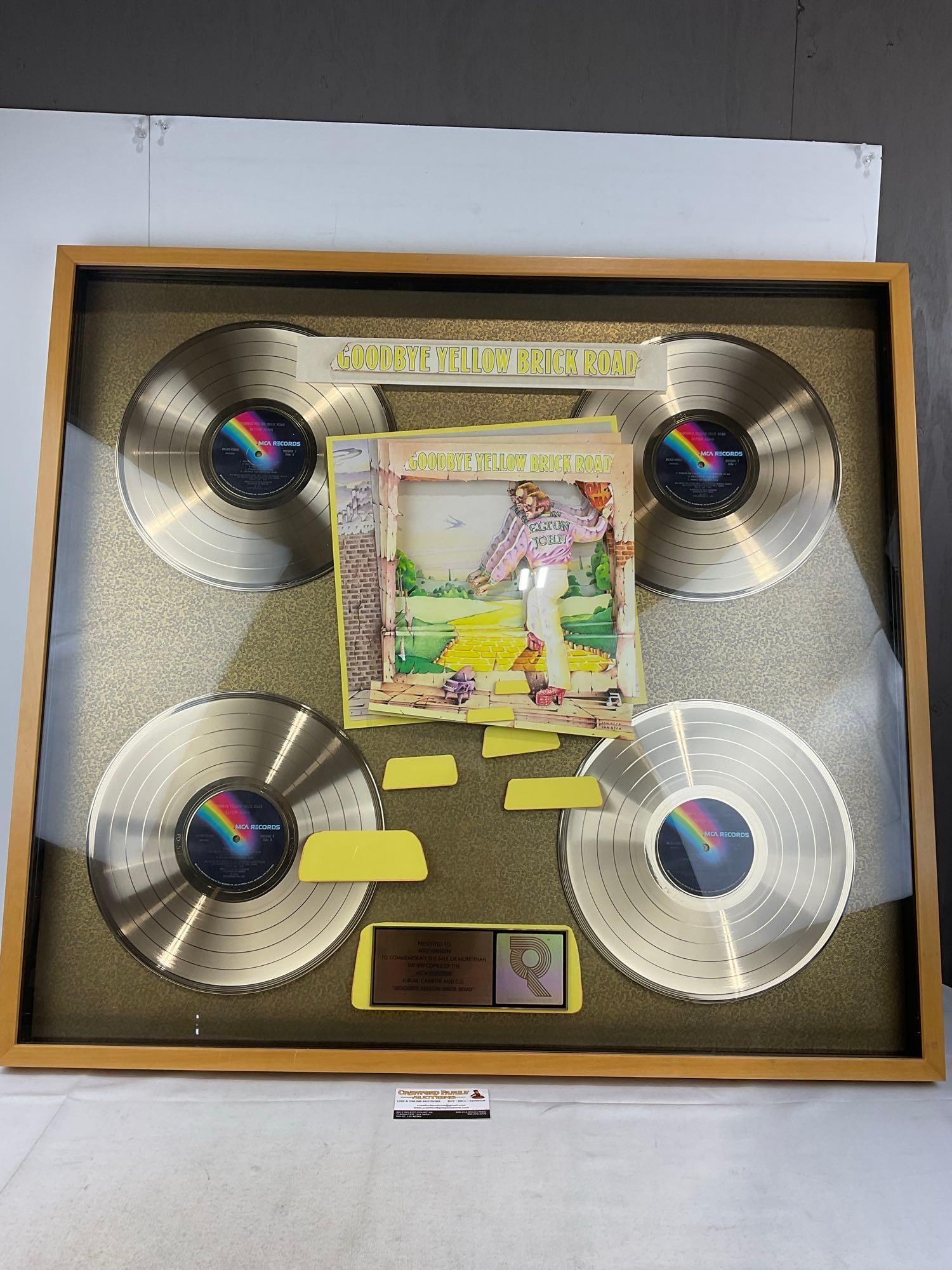 Huge Framed Shadowbox, Elton John RIAA Goodbye Yellow Brick Road, MCA Records Gold Sales Award 34...: This from the collection of the late owner of a Collection Store. With 4 vinyl albums. Appears to be in good shape. The piece measures approx 34h x 37w x 6d inches. See pics. E-6220