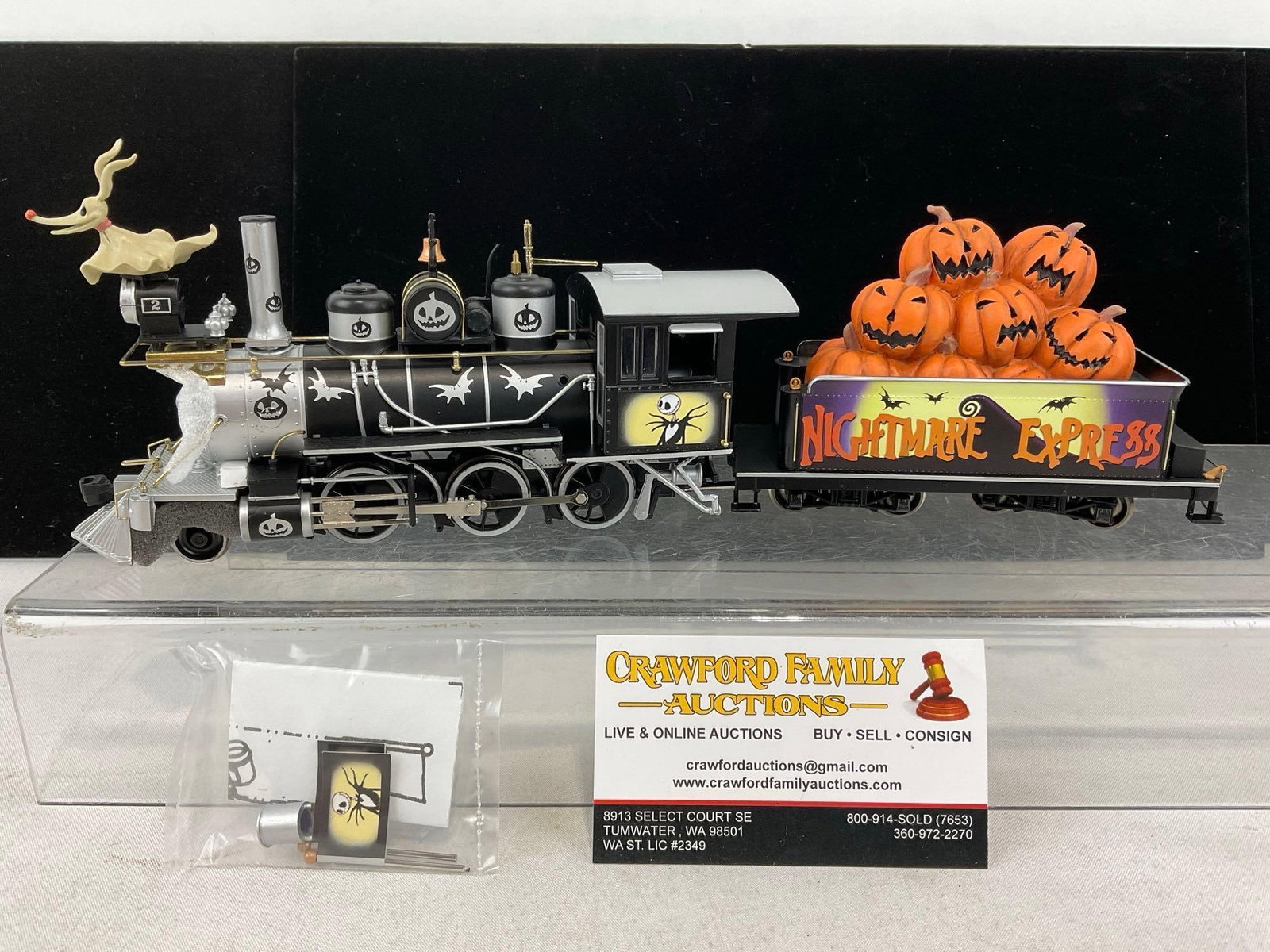 Hawthorne Village Nightmare Before Christmas Express Train Engine & Coal Tender, w/COA: In original foam, piece, no box though. Appears to be in good shape, electrics untested, only lightly used. The piece measures approx 8h x 16w x 13d inches. See pics. E-6160