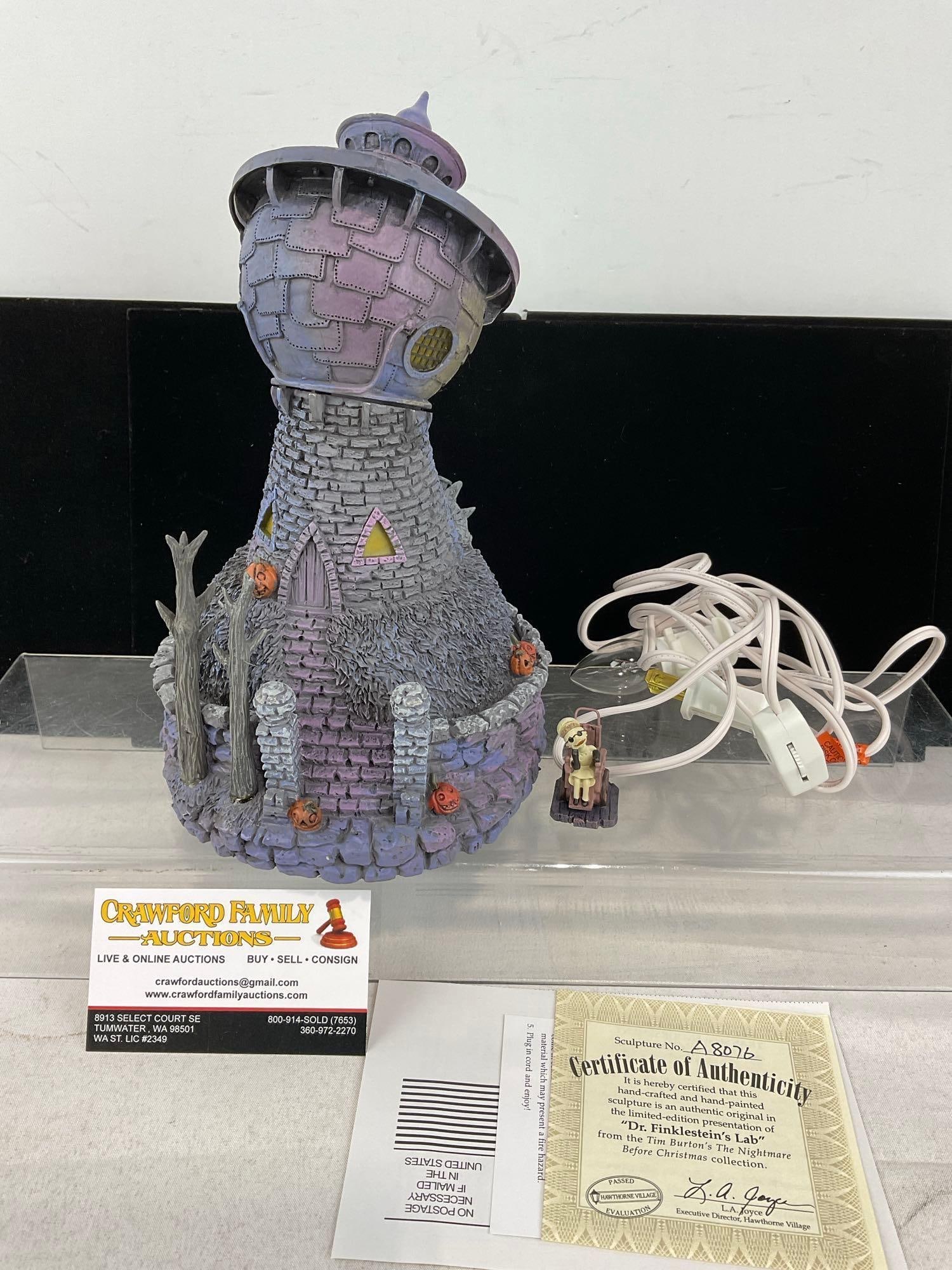 Hawthorne Village Light Up Bldg, Nightmare Before Christmas Dr. Finklesteins Lab, A8076 w/COA: In original foam, piece, no box though. Appears to be in good shape, electrics untested, only lightly used. The piece measures approx 9h x 12w x 10d inches. See pics. E-6160