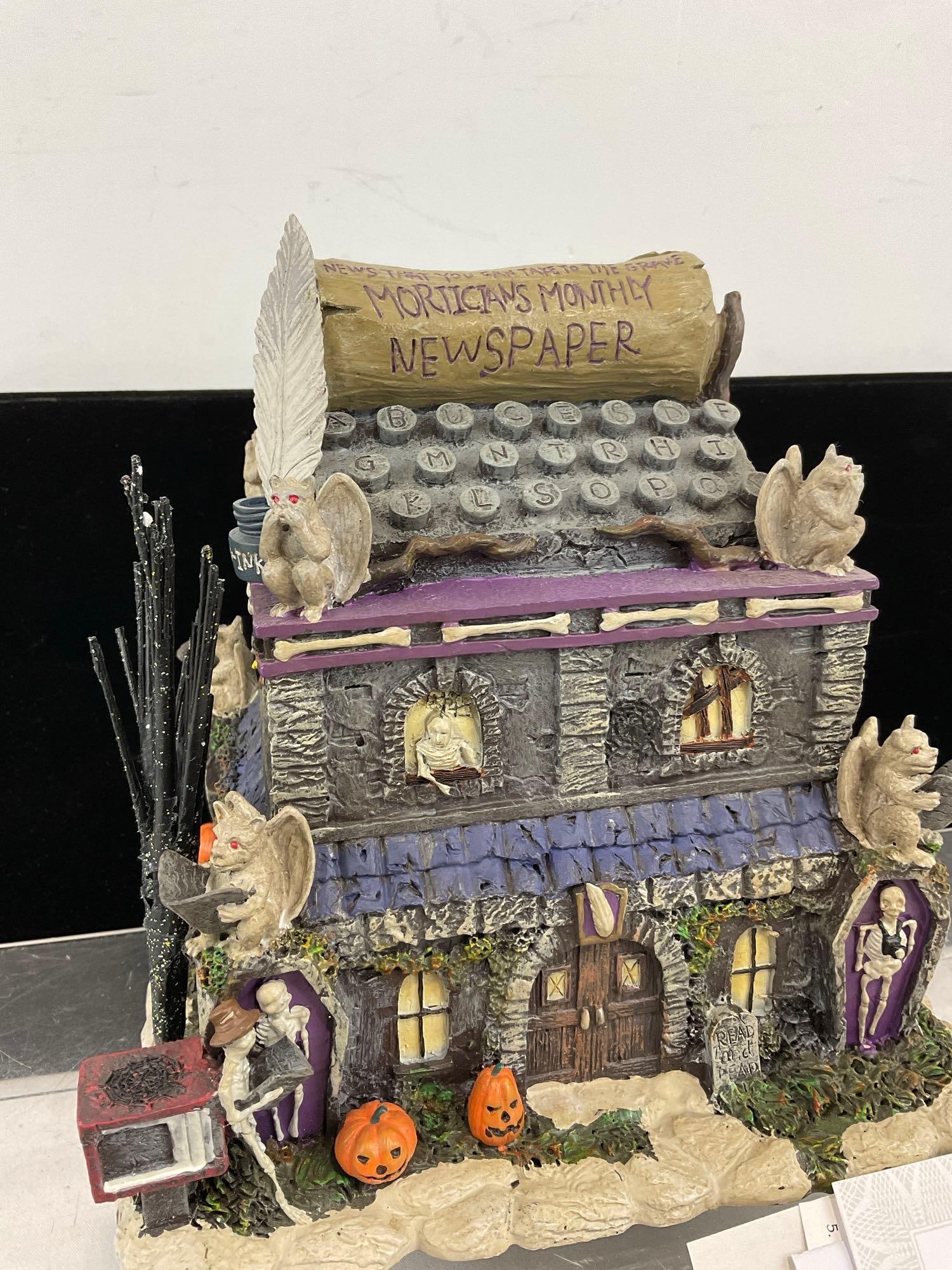 Hawthorne Village Halloween Light Up Bldg, The Munsters, Morticians Monthly Newspaper, A5829 w/COA - 2