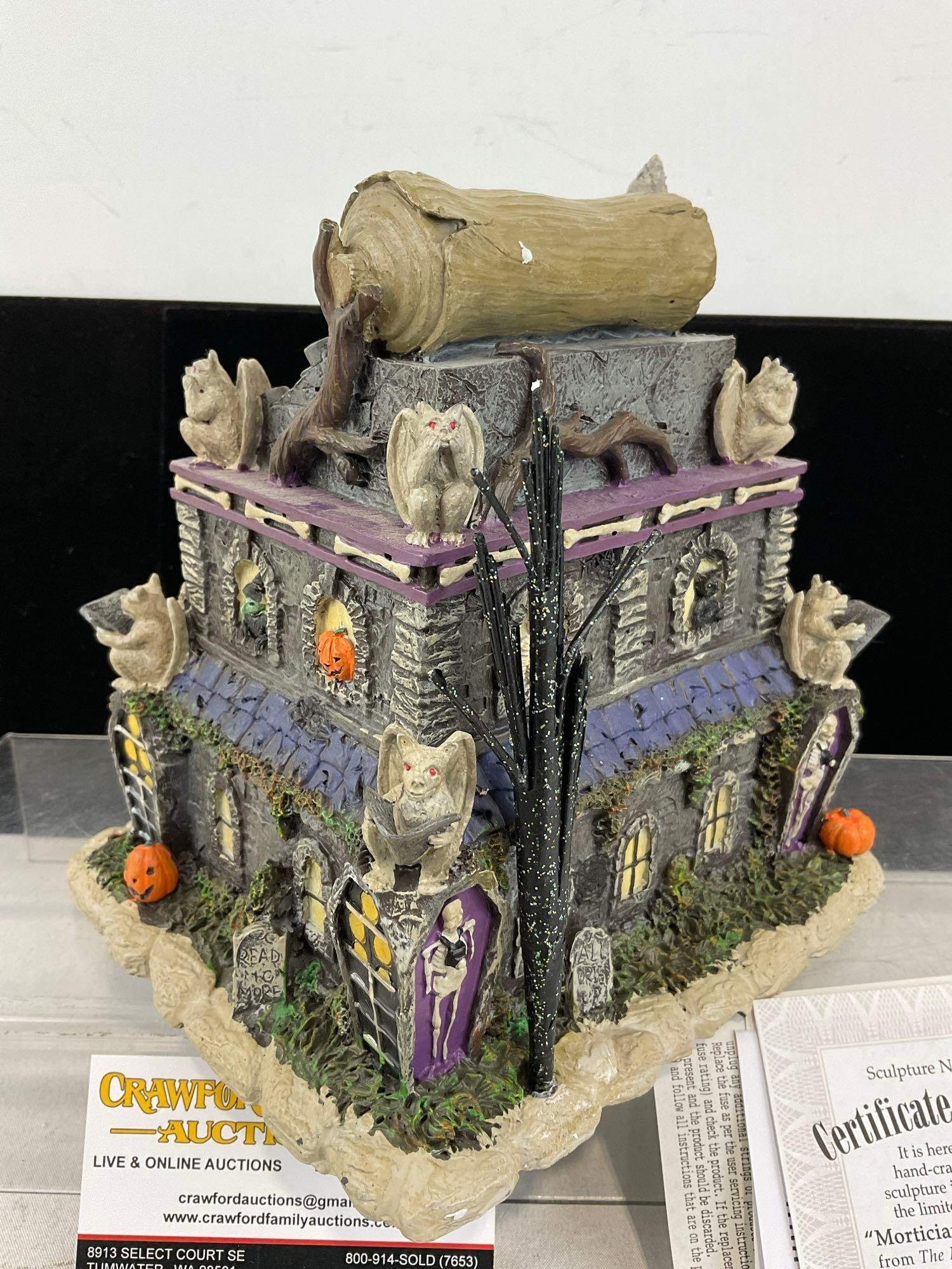 Hawthorne Village Halloween Light Up Bldg, The Munsters, Morticians Monthly Newspaper, A5829 w/COA - 3