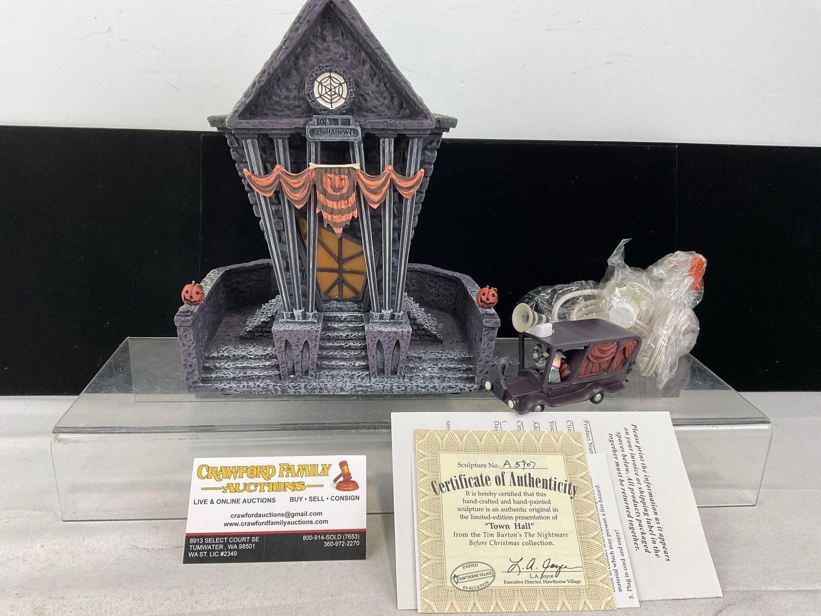 Hawthorne Village Nightmare Before Christmas Light Up Bldg, Town Hall, A5901 w/COA: In original foam, piece, no box though. Appears to be in good shape, electrics untested, only lightly used. The piece measures approx 8h x 14w x 10d inches. See pics. E-6160