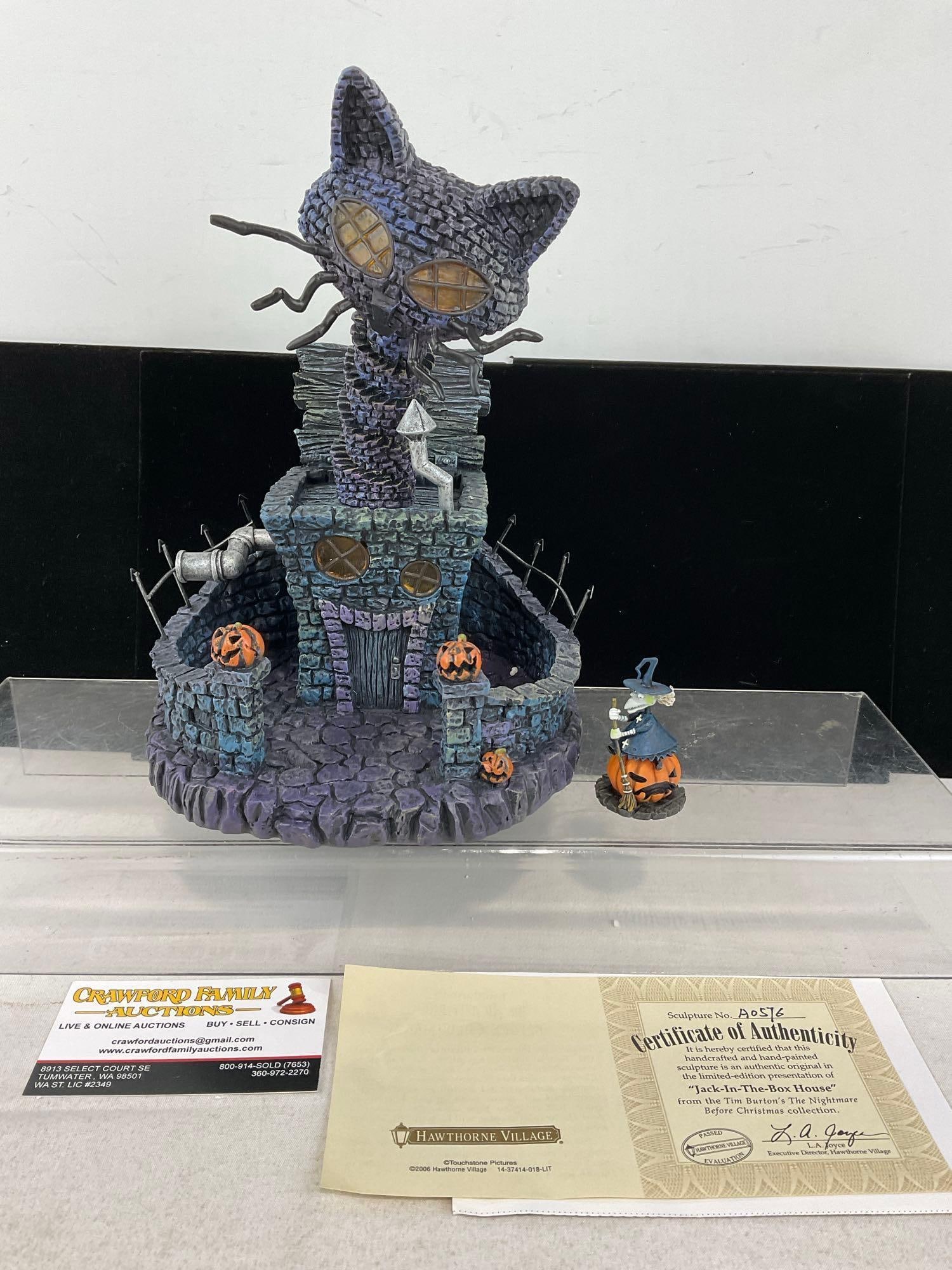 Hawthorne Village Nightmare Before Christmas Light Up Bldg, Jack-In-The-Box House A0576 2006 w/COA: In original foam, piece, no box though. Appears to be in good shape, electrics untested, only lightly used. The piece measures approx 8h x 14w x 10d inches. See pics. E-6160