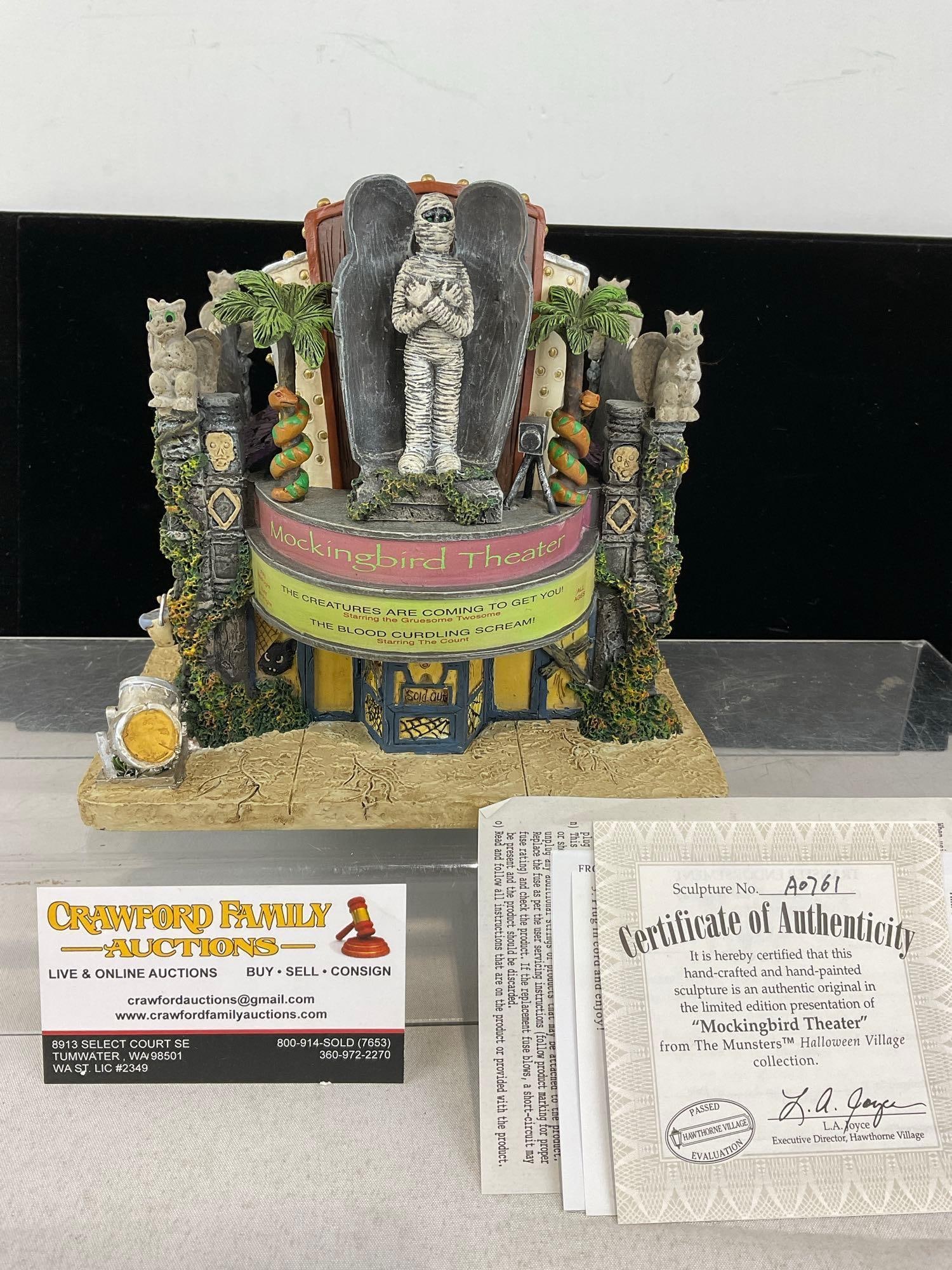 Hawthorne Village Halloween Light Up Bldg, The Munsters, Mockingbird Theater, A0761 2005 w/COA: In original foam, no outer box. Appears to be in good shape, electrics untested, only lightly used. The piece measures approx 9h x 11w x 10d inches. See pics. E-6160