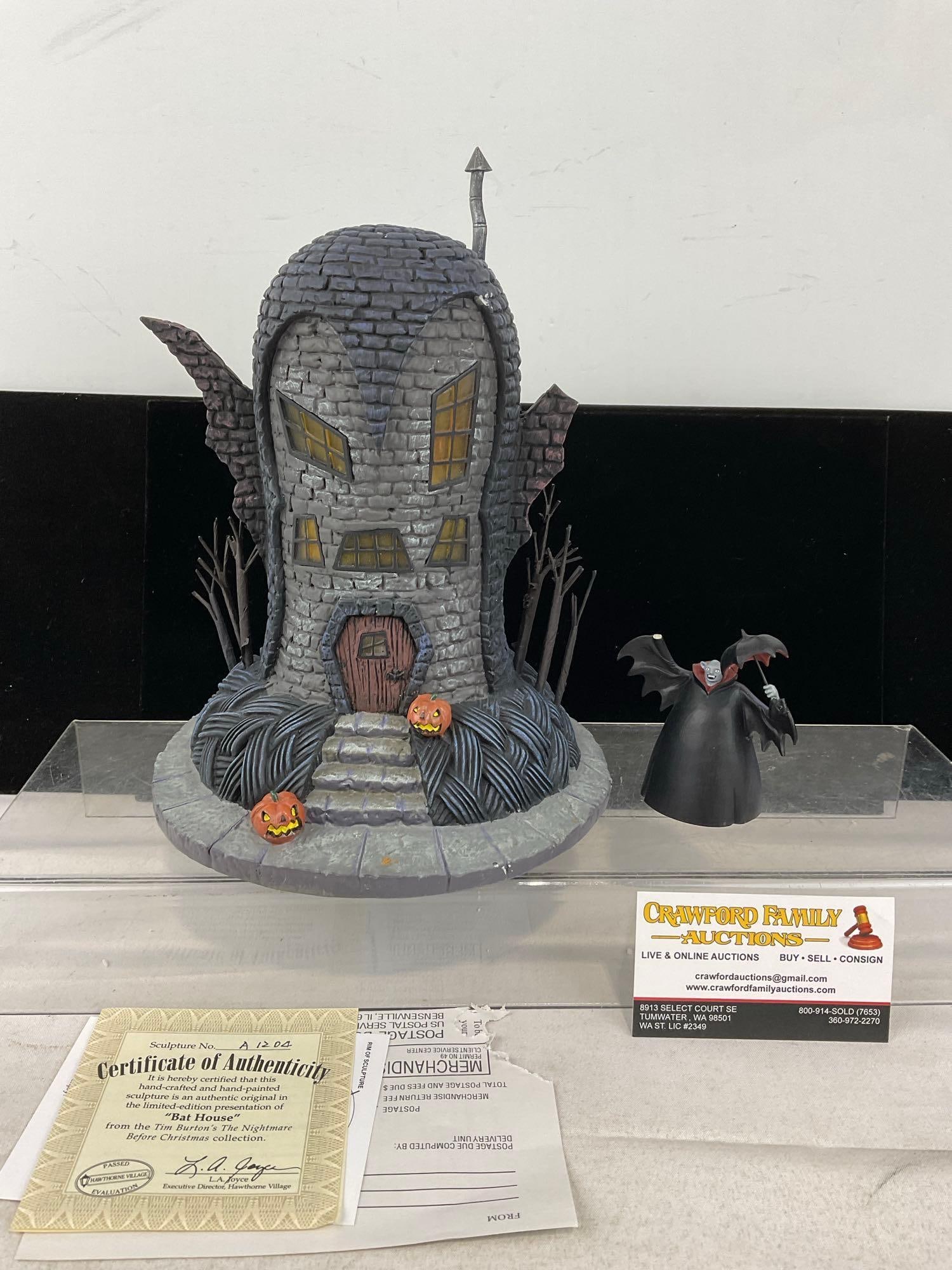 Hawthorne Village Nightmare Before Christmas Light Up Bldg, Bat House A1204, w/COA: In original foam, no outer box. Appears to be in good shape, electrics untested, only lightly used. The piece measures approx 10h x 14w x 11d inches. See pics. E-6160