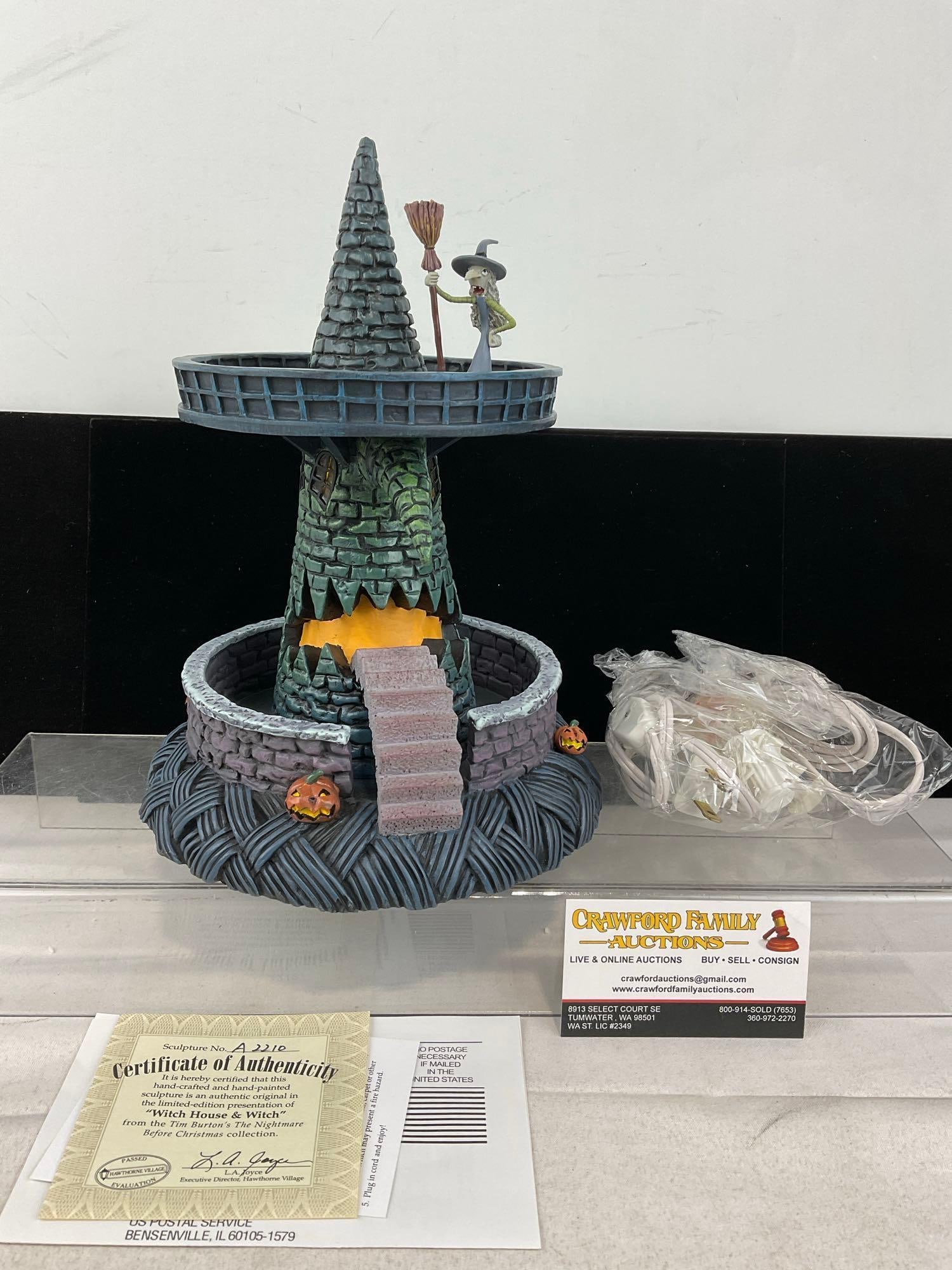 Hawthorne Village Nightmare Before Christmas Light Up Bldg Witch House w/COA: In original foam, no outer box. Appears to be in good shape, electrics untested, only lightly used. The piece measures approx 10h x 14w x 11d inches. See pics. E-6160