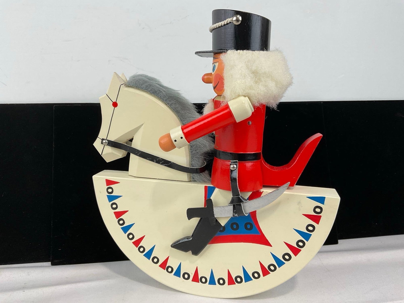 Handpainted Erzgebirge East German Nutcracker Wooden Figure, on Rocking Horse, 1989 - 2