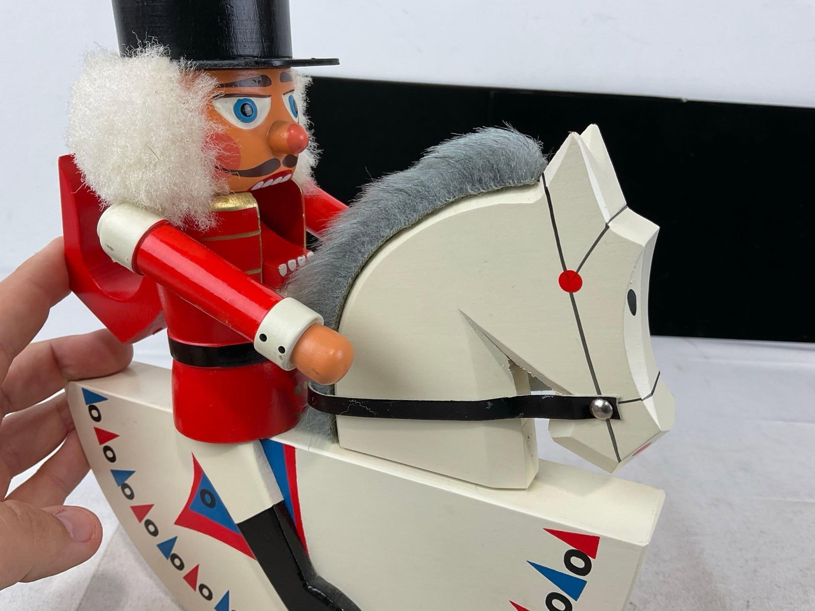 Handpainted Erzgebirge East German Nutcracker Wooden Figure, on Rocking Horse, 1989 - 4