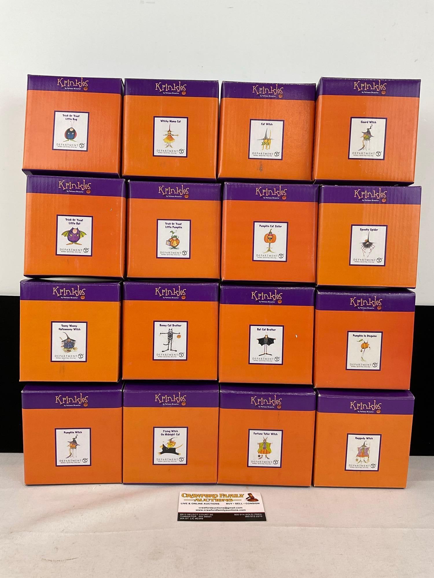 Set of 12 Department 56 Krinkles Ornaments, Cats, Bats, & Witches, see pics: Appears to be in good shape. The piece measures approx 6h x 18w x 12d inches. See pics. E-6160