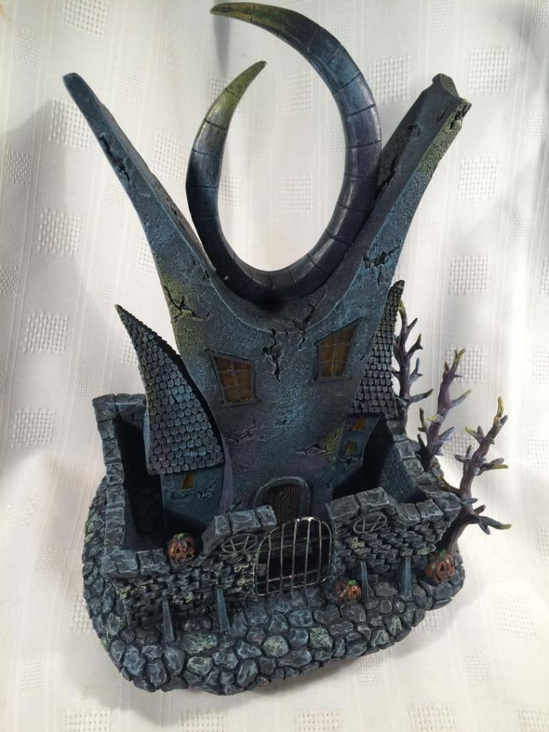 Sealed Hawthorne Village Nightmare Before Christmas Twisted Horn House w/COA: First picture is a stock photo of the piece. In original foam, no outer box. Appears to be in good shape, electrics untested, as it is factory sealed. The piece measures approx 9h x 14w x 11d